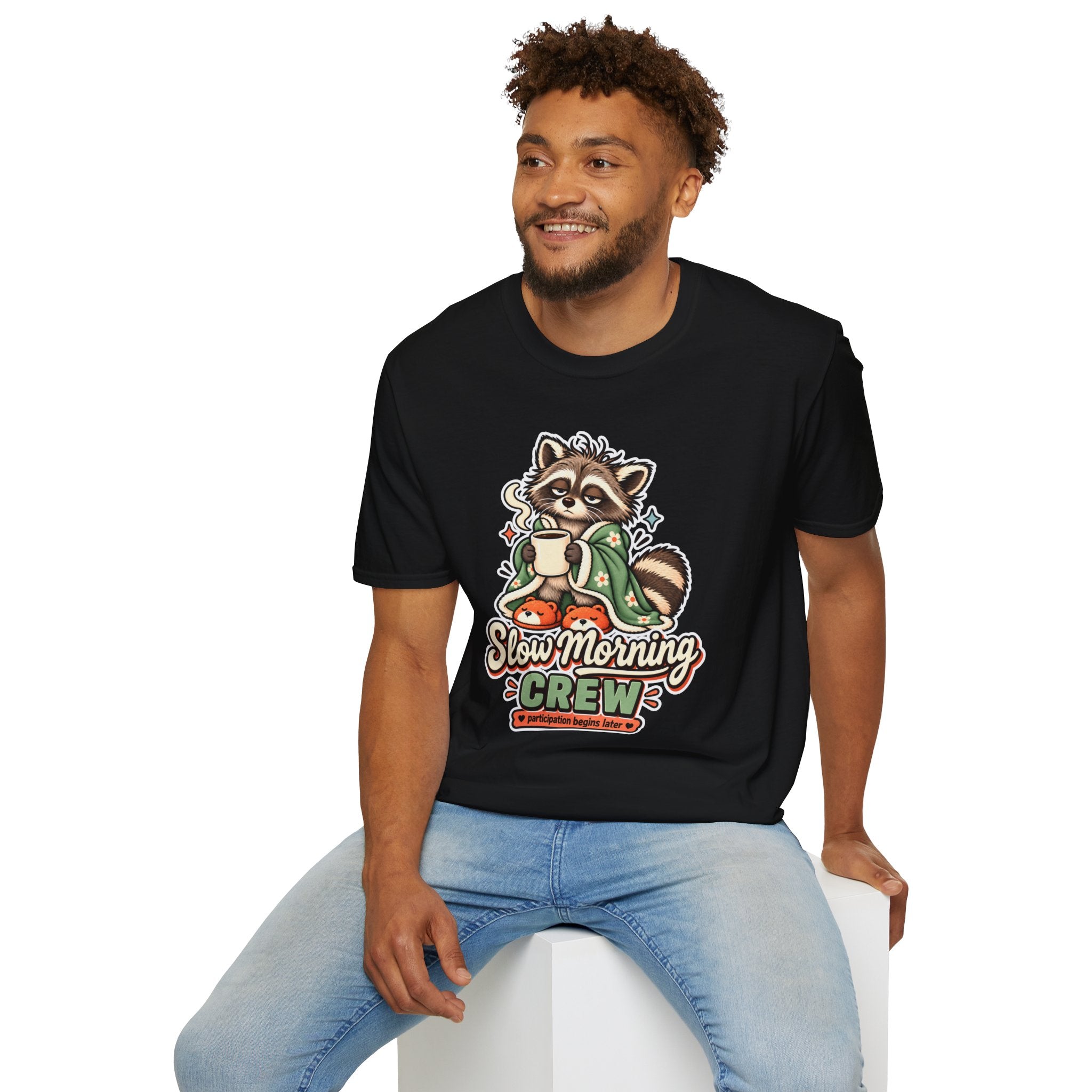 Cozy Raccoon with Coffee T-Shirt | Slow Morning Crew Design