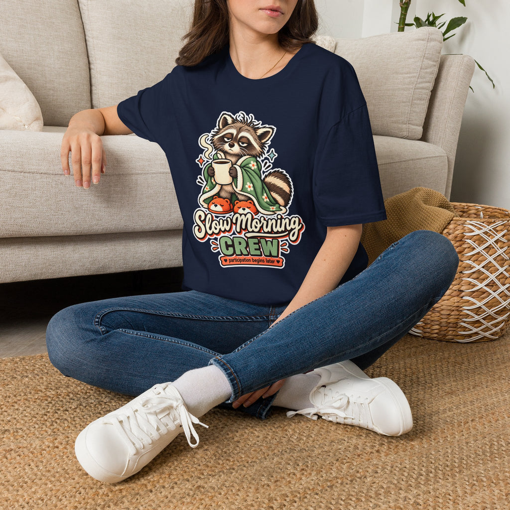 Cozy Raccoon with Coffee T-Shirt | Slow Morning Crew Design