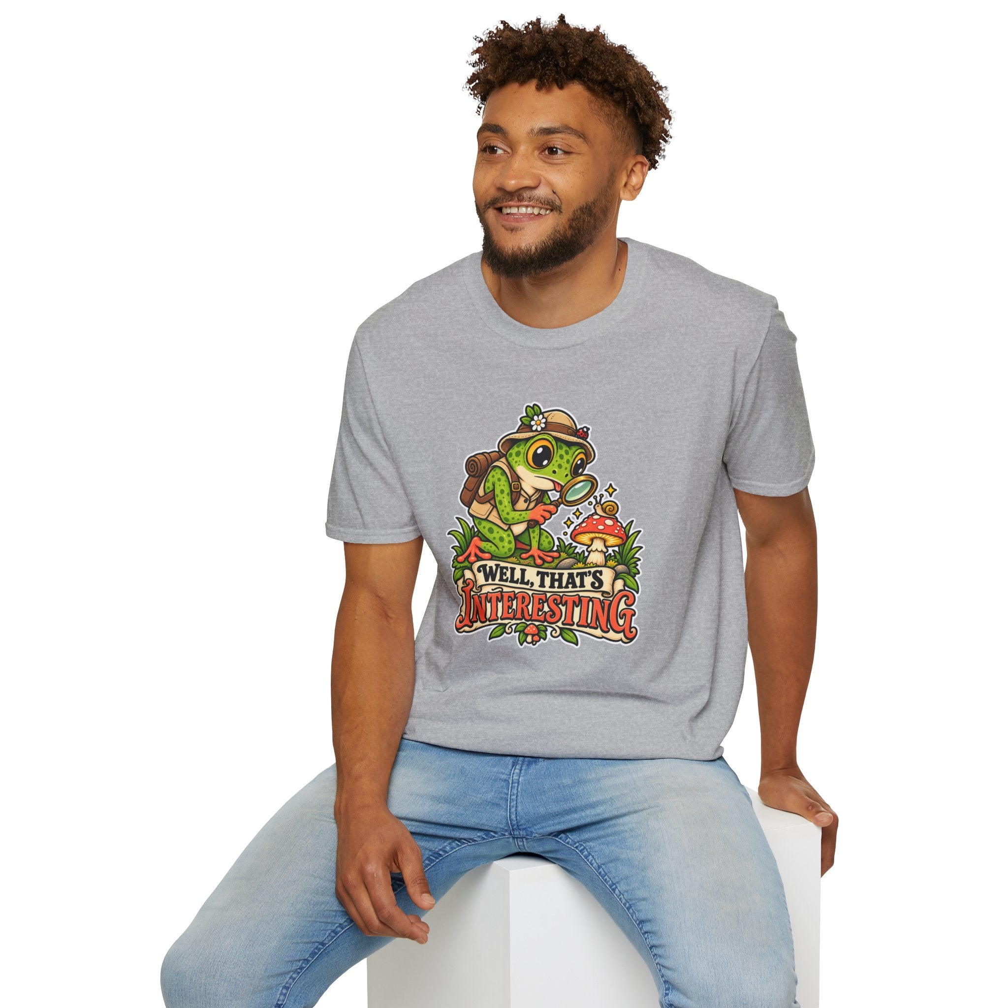 Curious Frog Explorer Magnifying Glass T-Shirt | Mushroom Nature Illustration