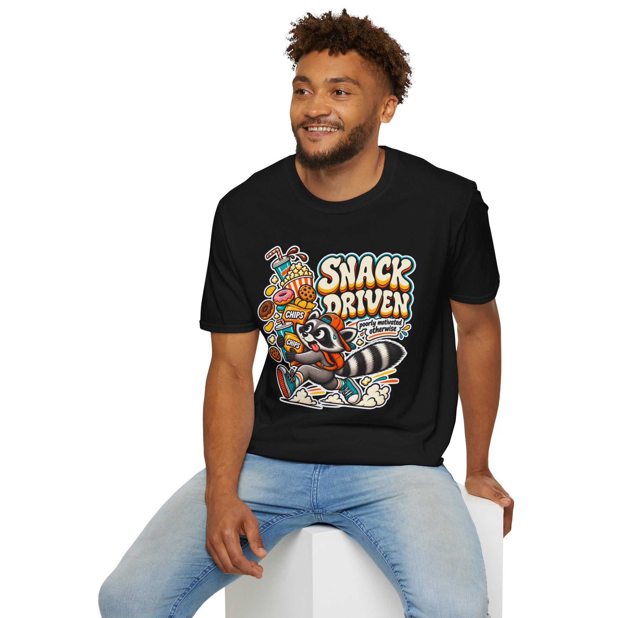 Snack Driven Raccoon Graphic T-Shirt | Snack Lover Cartoon Design