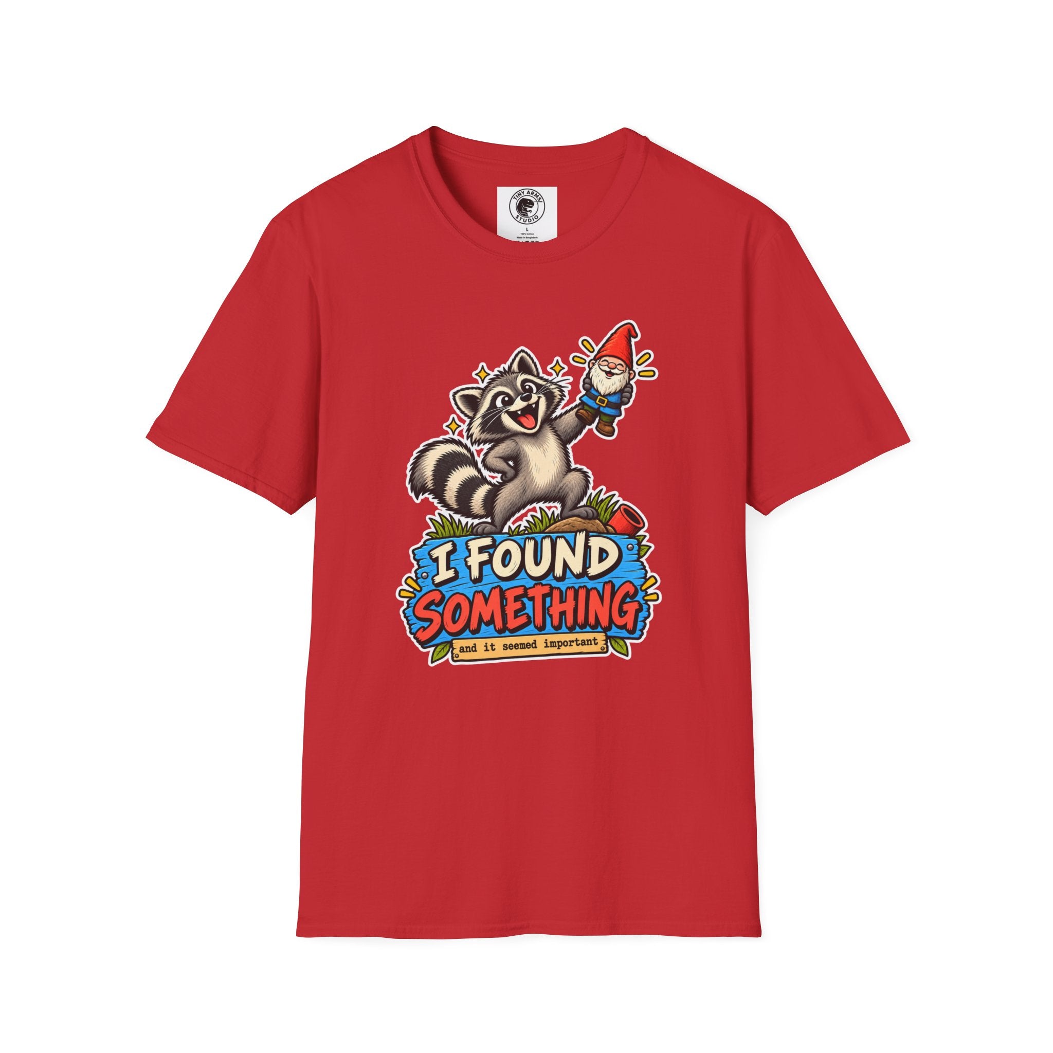 Playful Raccoon Holding Garden Gnome T-Shirt | I Found Something Graphic Tee