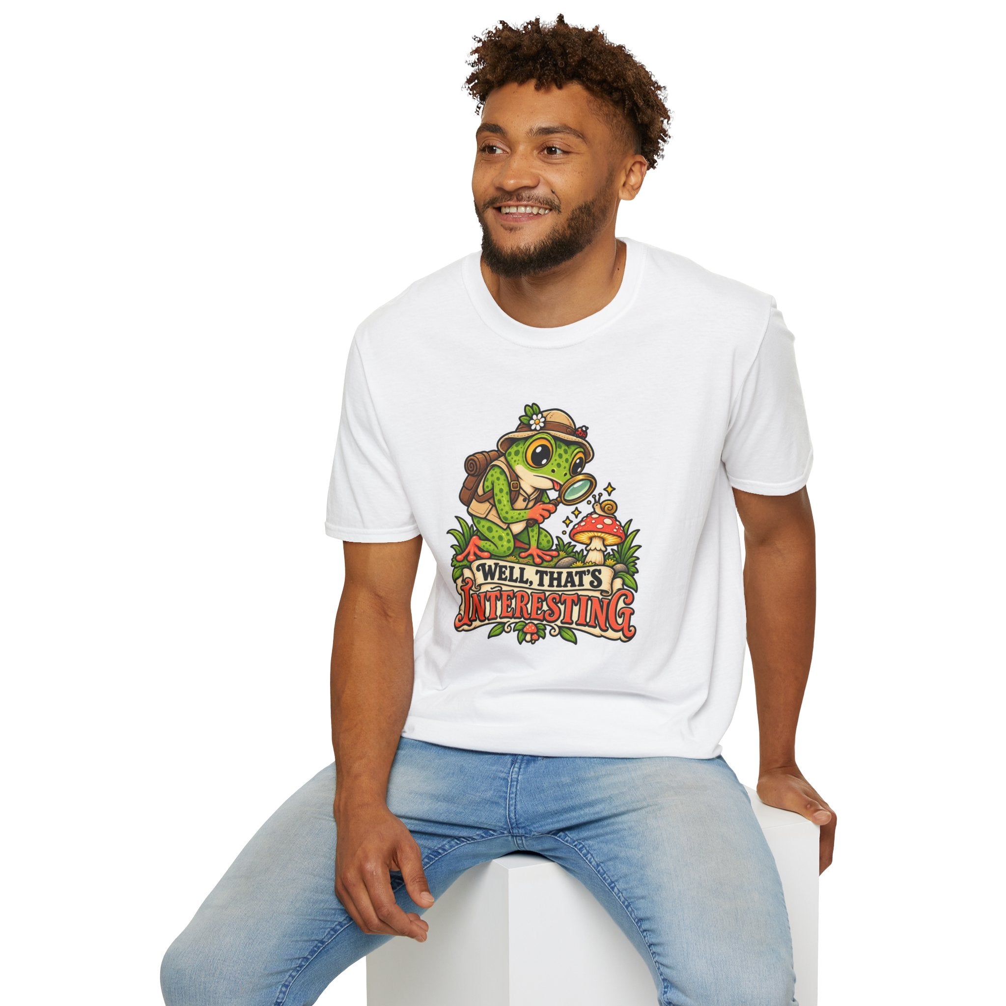 Curious Frog Explorer Magnifying Glass T-Shirt | Mushroom Nature Illustration