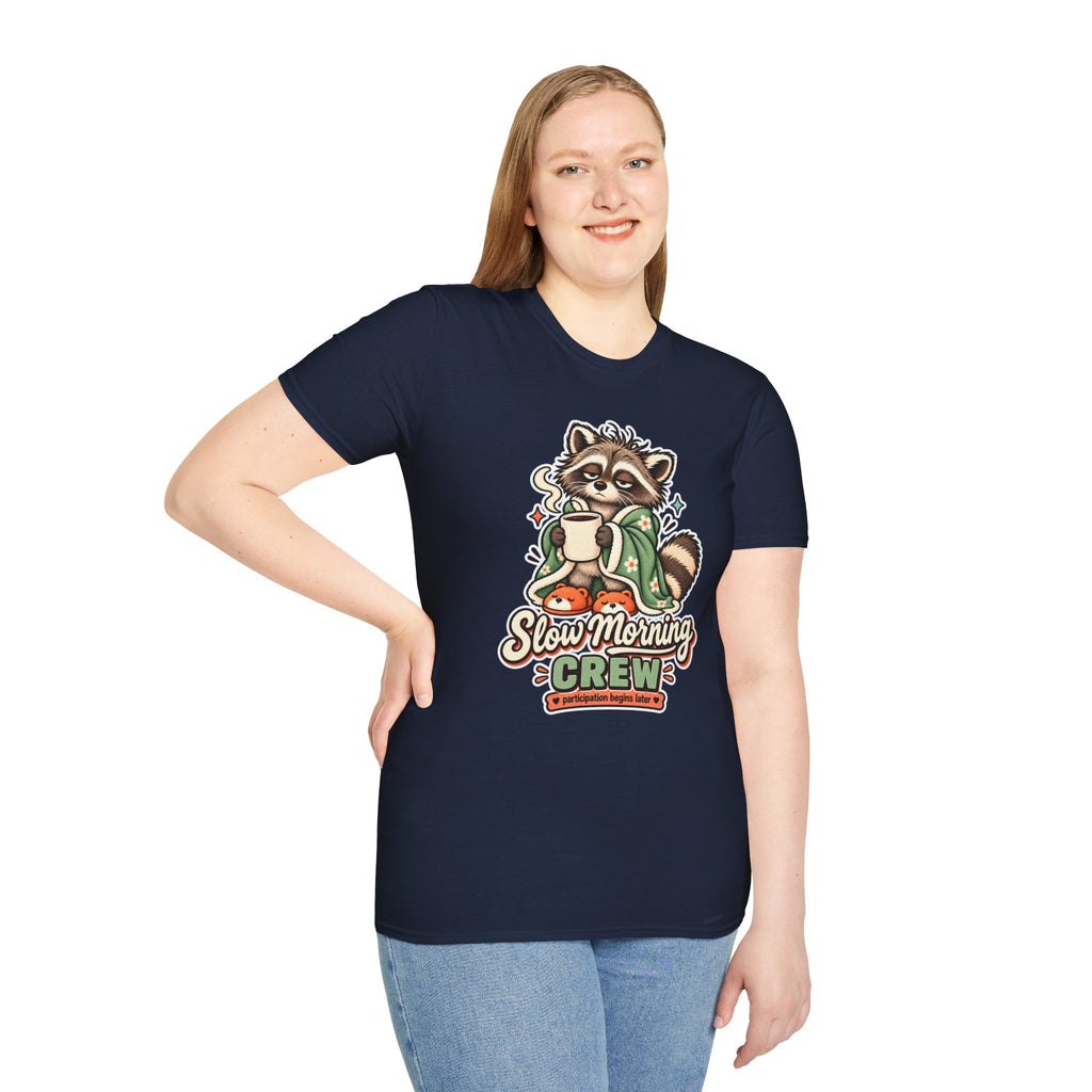 Cozy Raccoon with Coffee T-Shirt | Slow Morning Crew Design