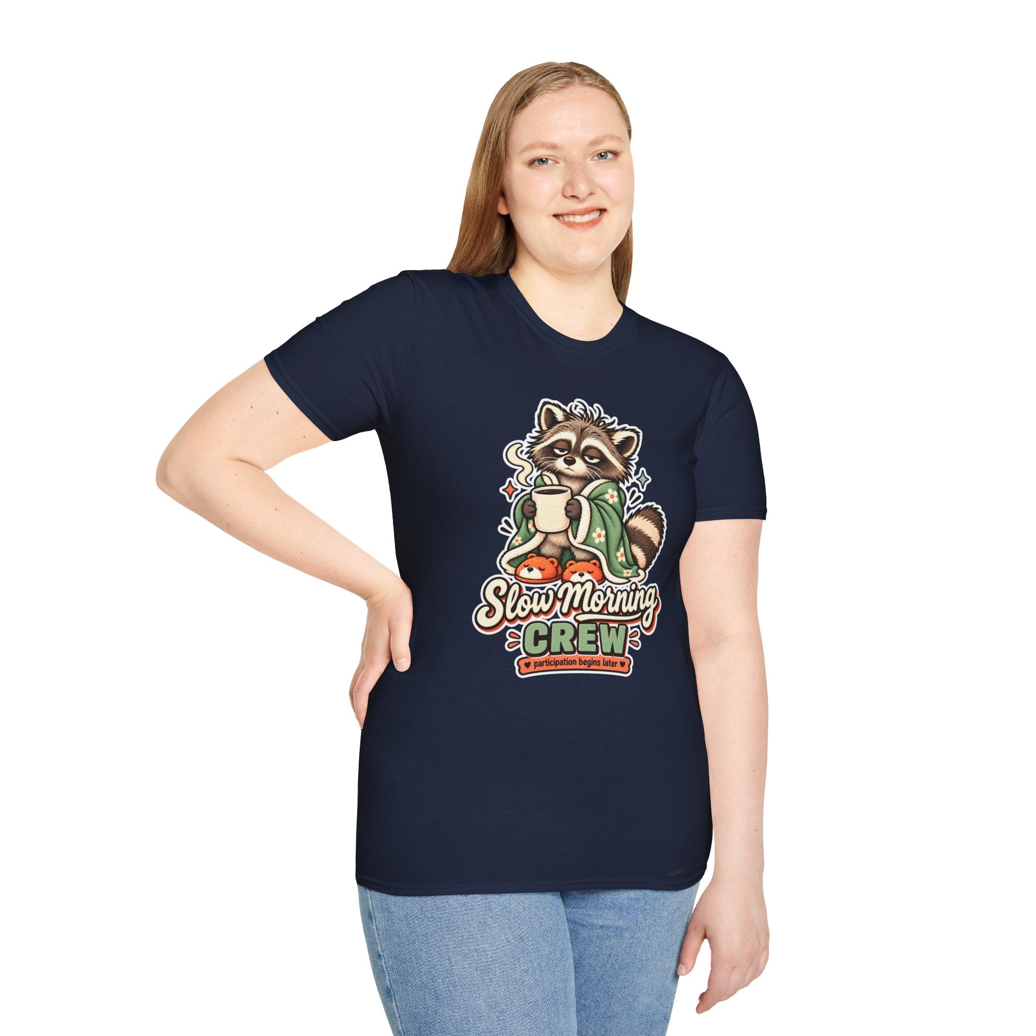 Cozy Raccoon with Coffee T-Shirt | Slow Morning Crew Design