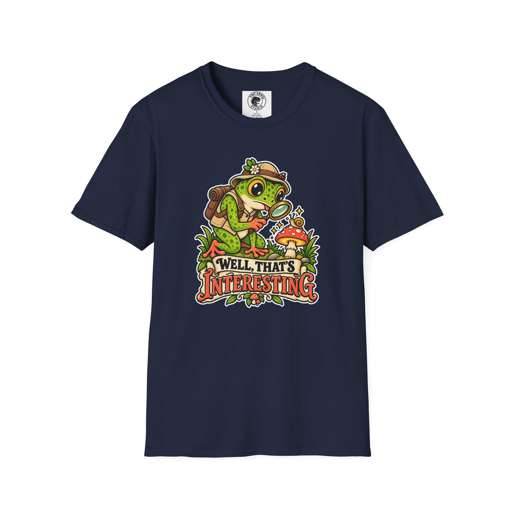 Curious Frog Explorer Magnifying Glass T-Shirt | Mushroom Nature Illustration
