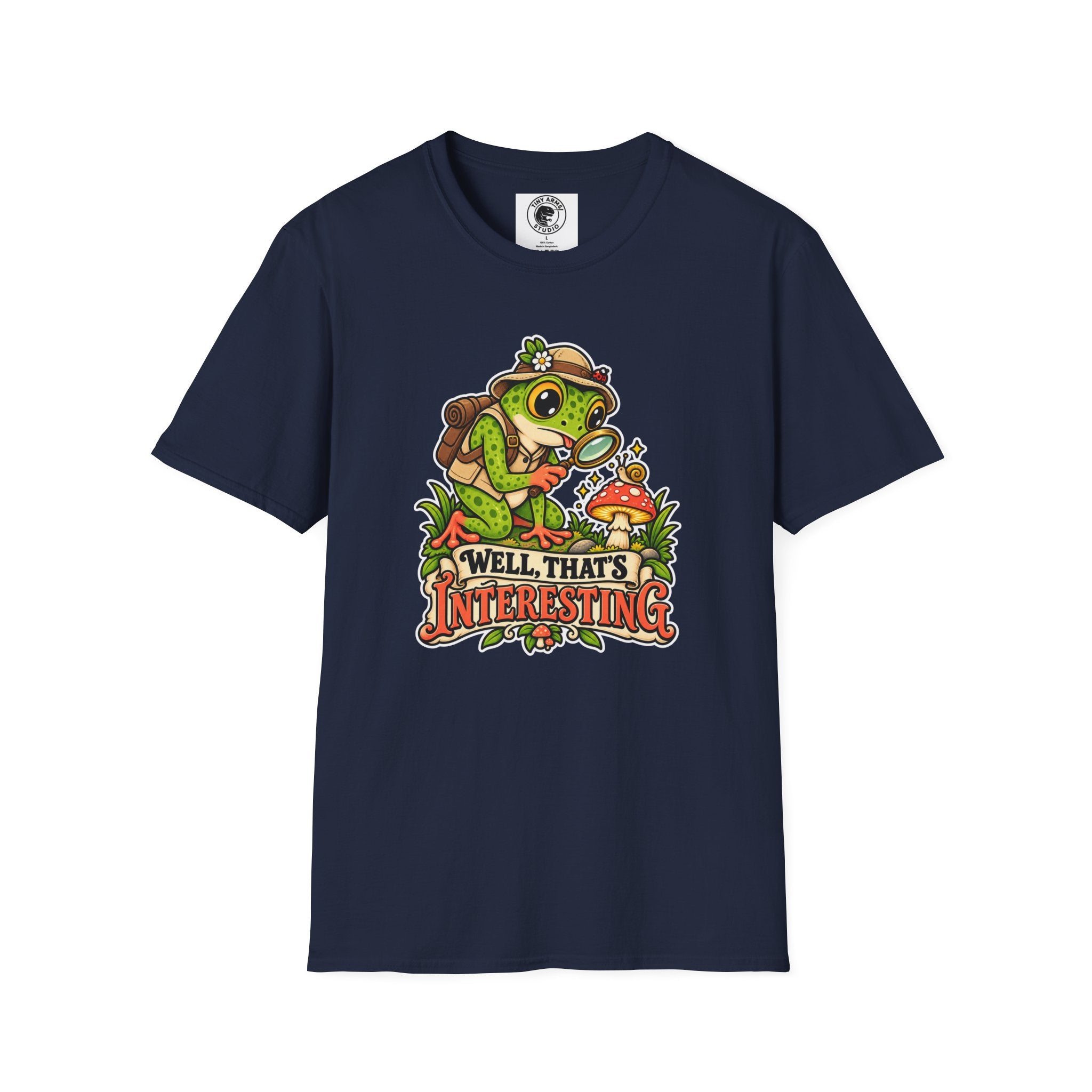 Curious Frog Explorer Magnifying Glass T-Shirt | Mushroom Nature Illustration