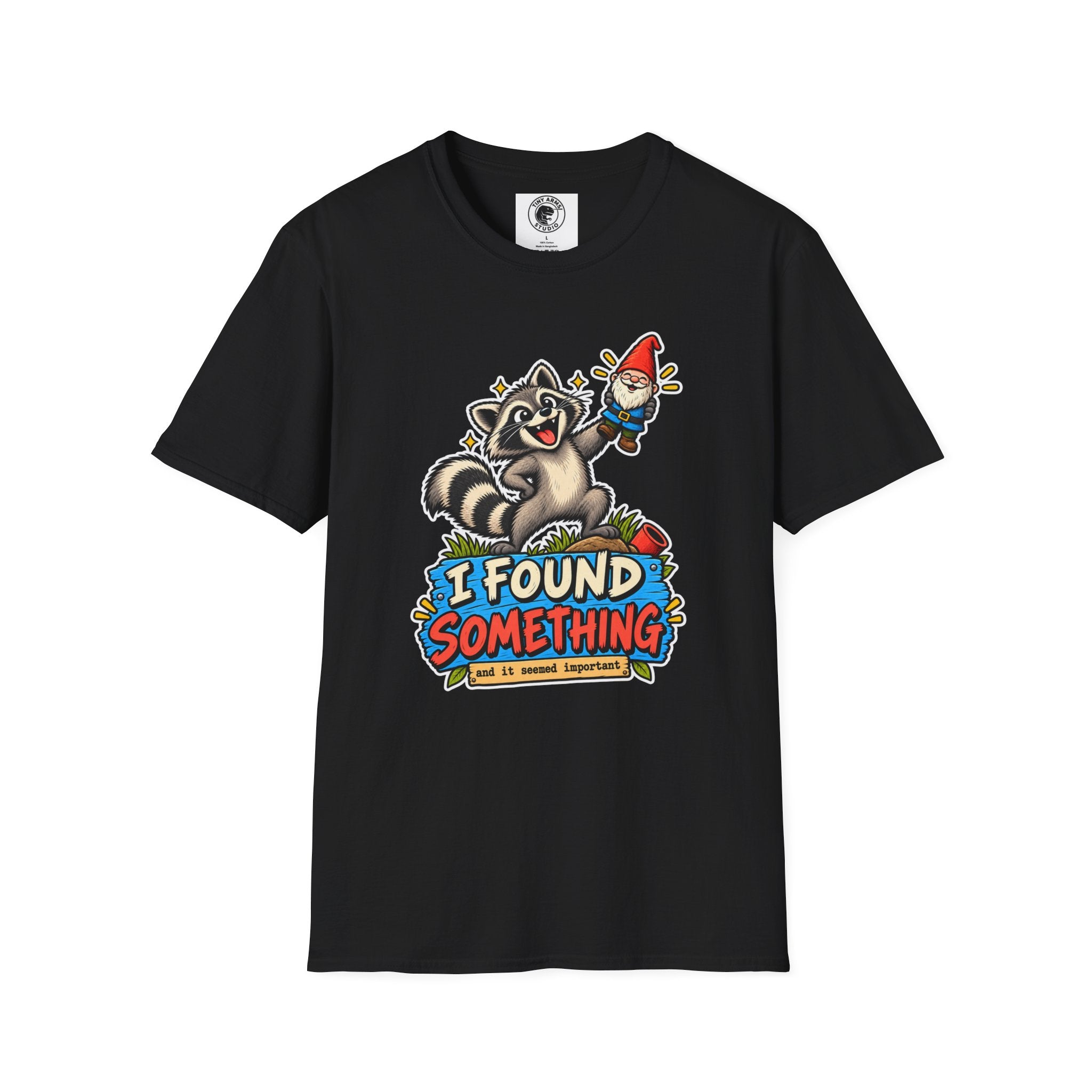 Playful Raccoon Holding Garden Gnome T-Shirt | I Found Something Graphic Tee