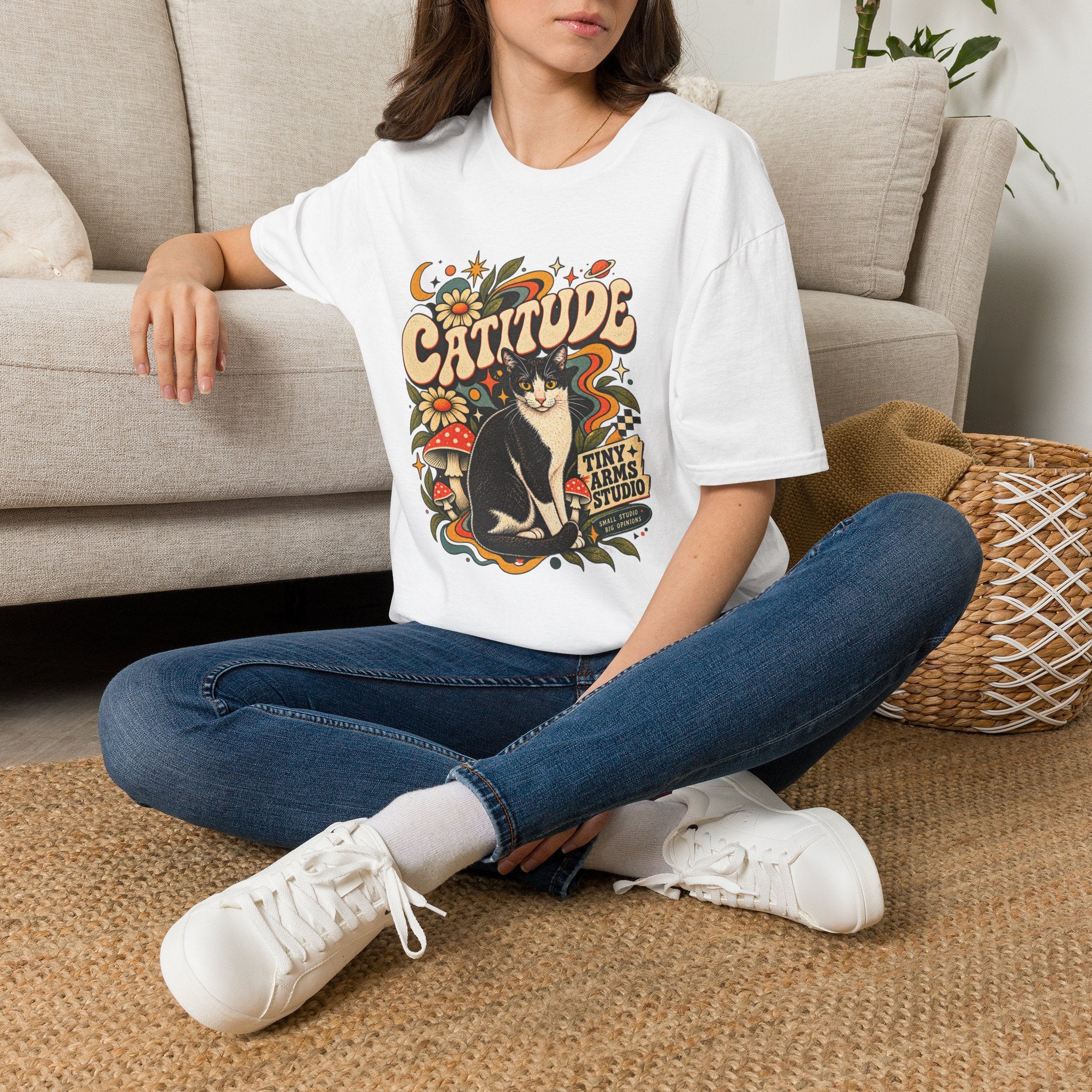 Catitude Retro Cat Graphic Tee | Vintage 70s Tuxedo Cat Shirt