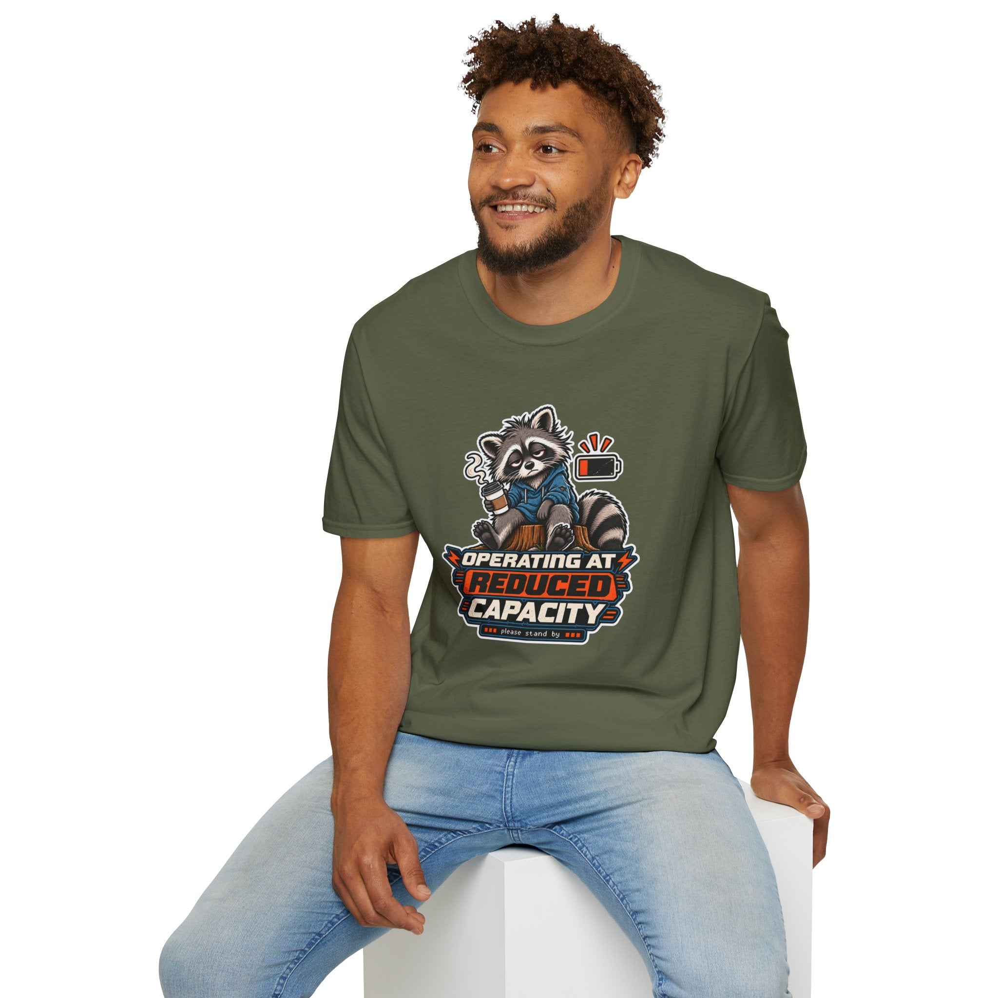 Funny Raccoon T-Shirt| Operating at Reduced Capacity| Low Battery Coffee Shirt