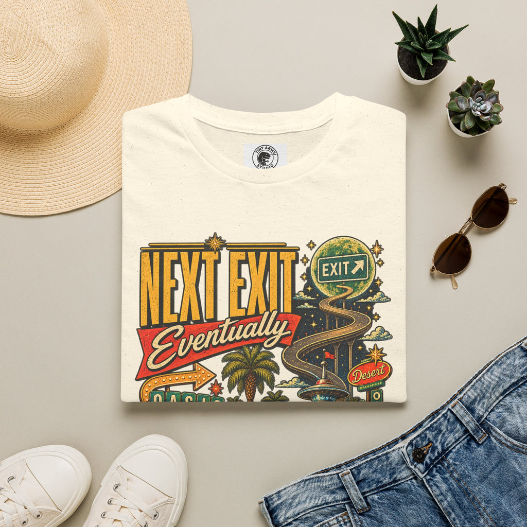 Next Exit Eventually Roadtrip Graphic T-Shirt | Retro Highway Illustration