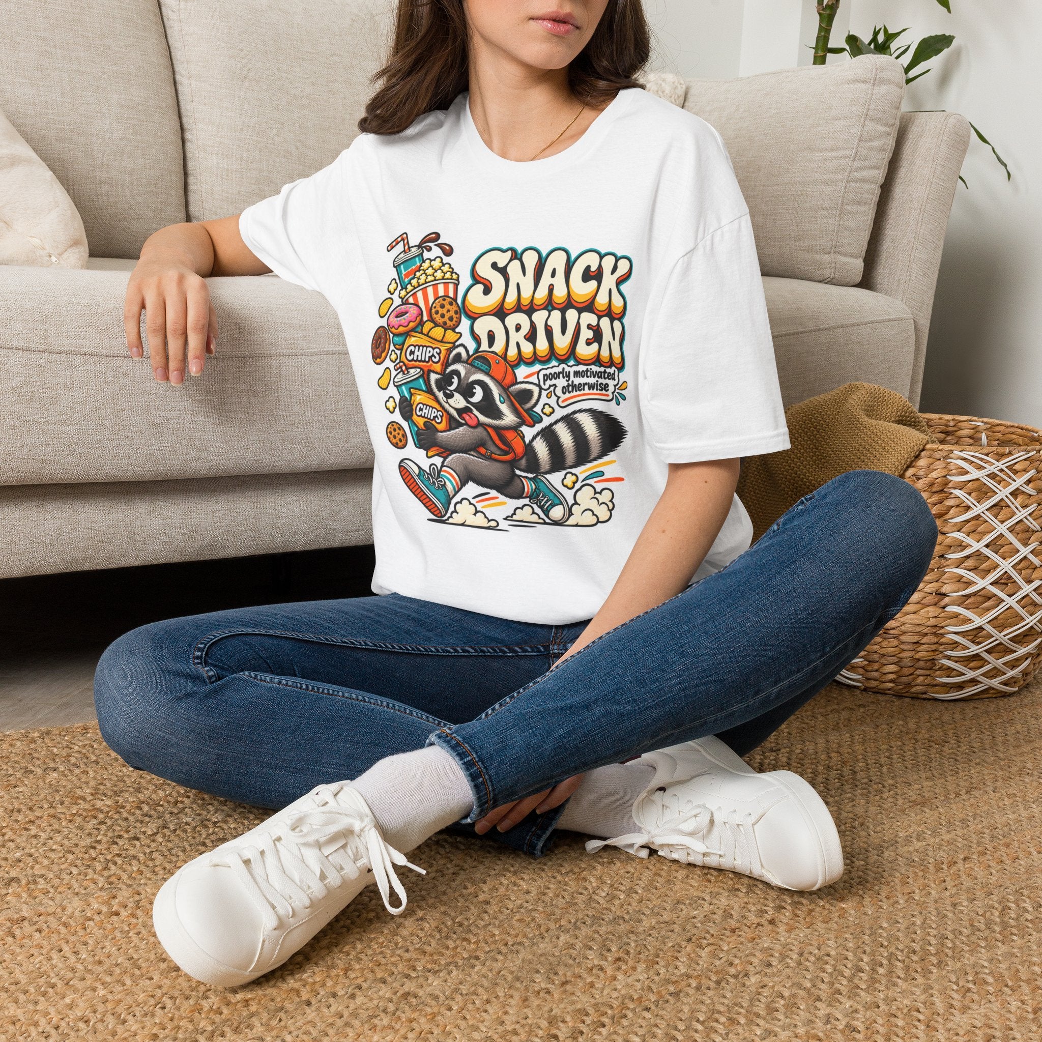 Snack Driven Raccoon Graphic T-Shirt | Snack Lover Cartoon Design