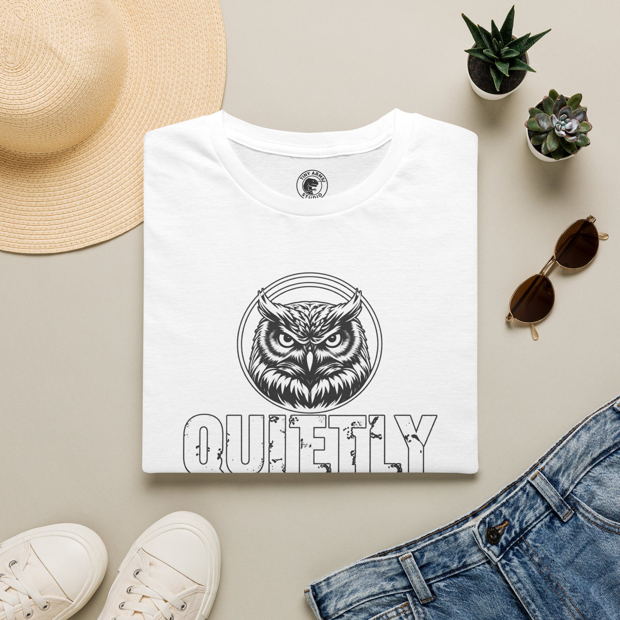 Quietly Making It Weird owl illustration T-Shirt | Vintage black line art