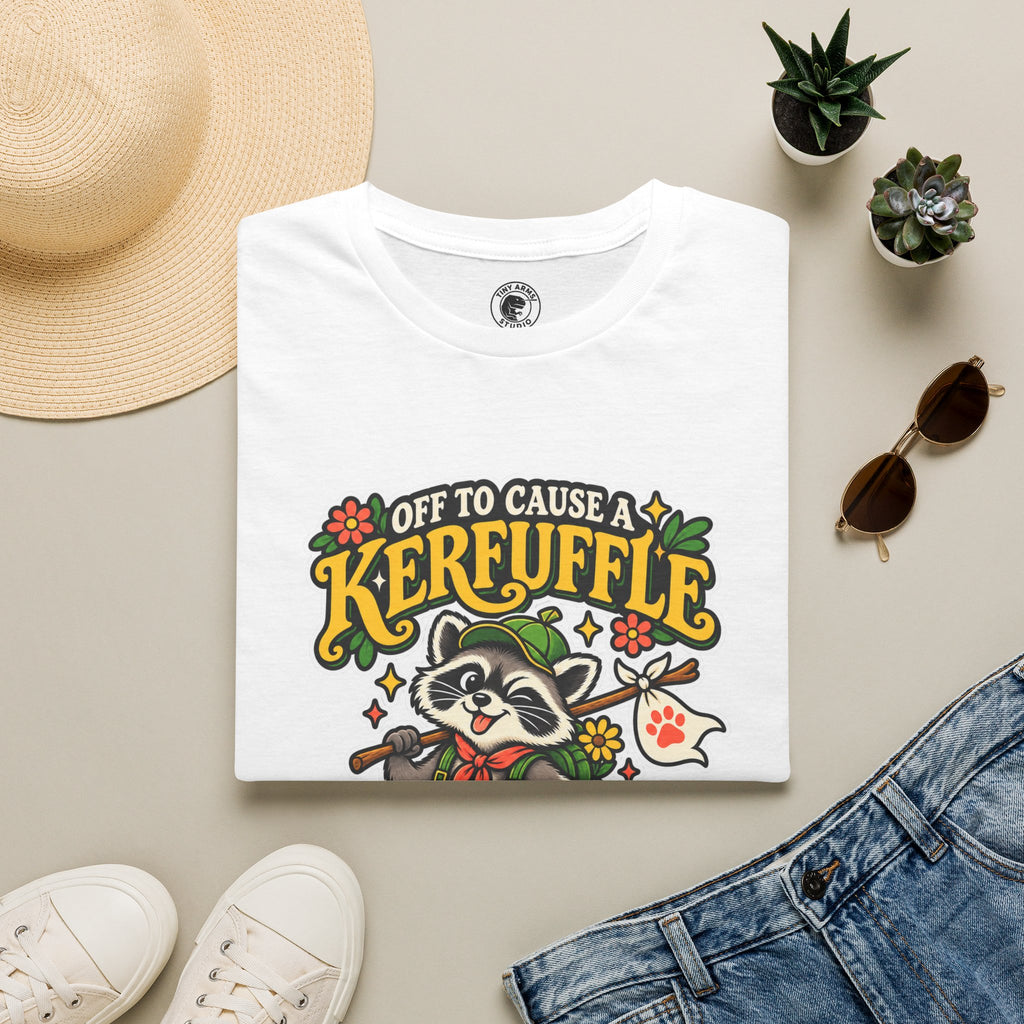 Off To Cause A Kerfuffle Raccoon T-Shirt | Cute Mischief Woodland Design