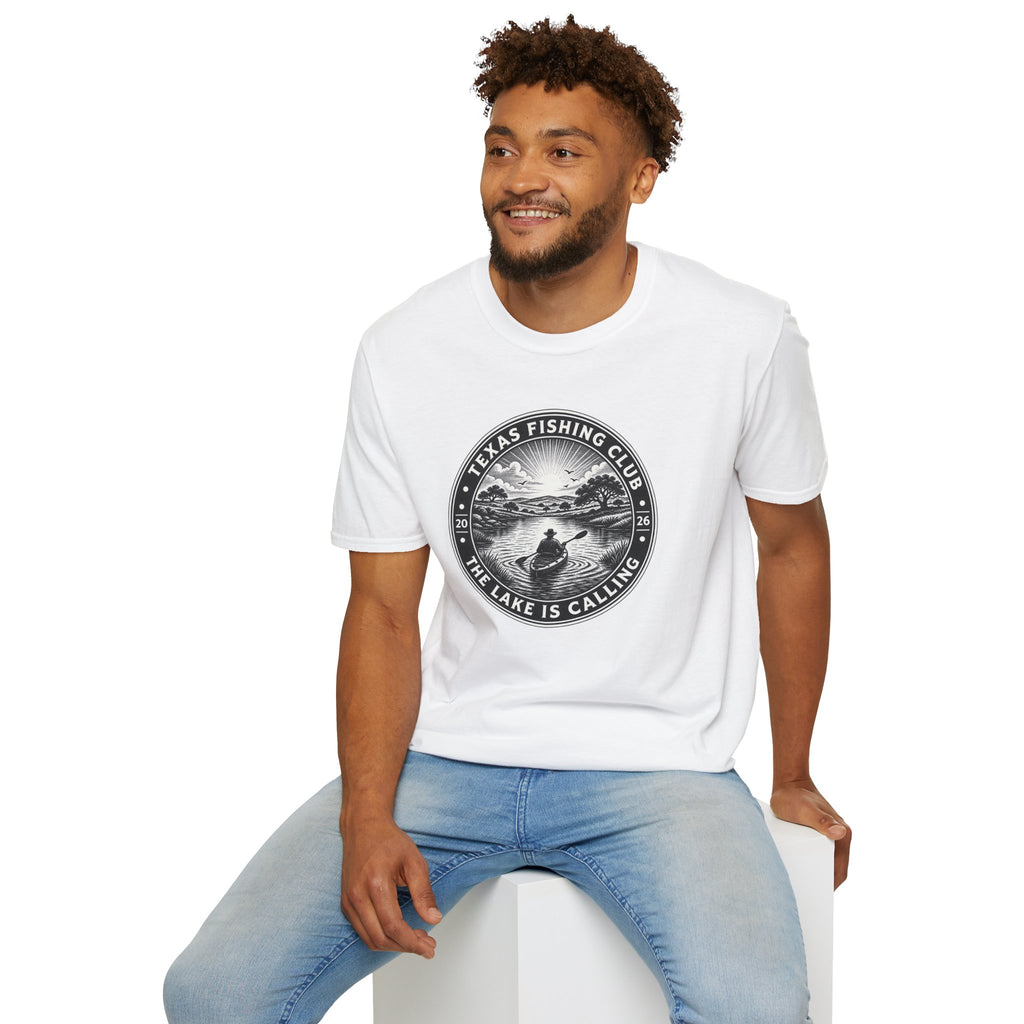 Texas Fishing Club lake scene T-Shirt | angler badge design