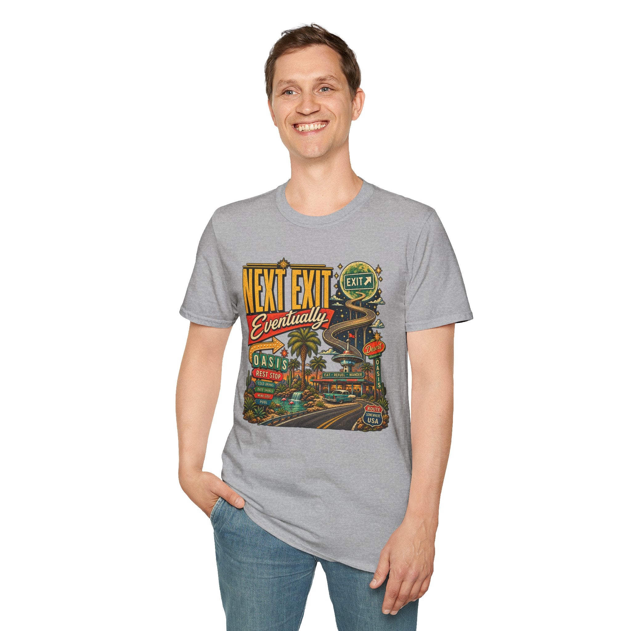 Next Exit Eventually Roadtrip Graphic T-Shirt | Retro Highway Illustration