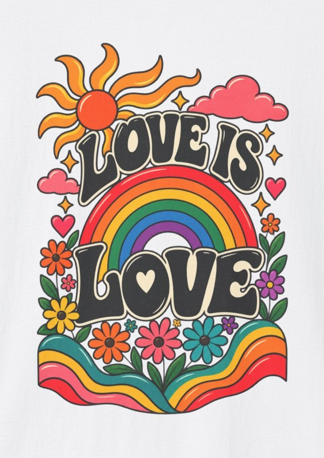 Love Is Love rainbow retro print T-Shirt | Pride, 70s sun design