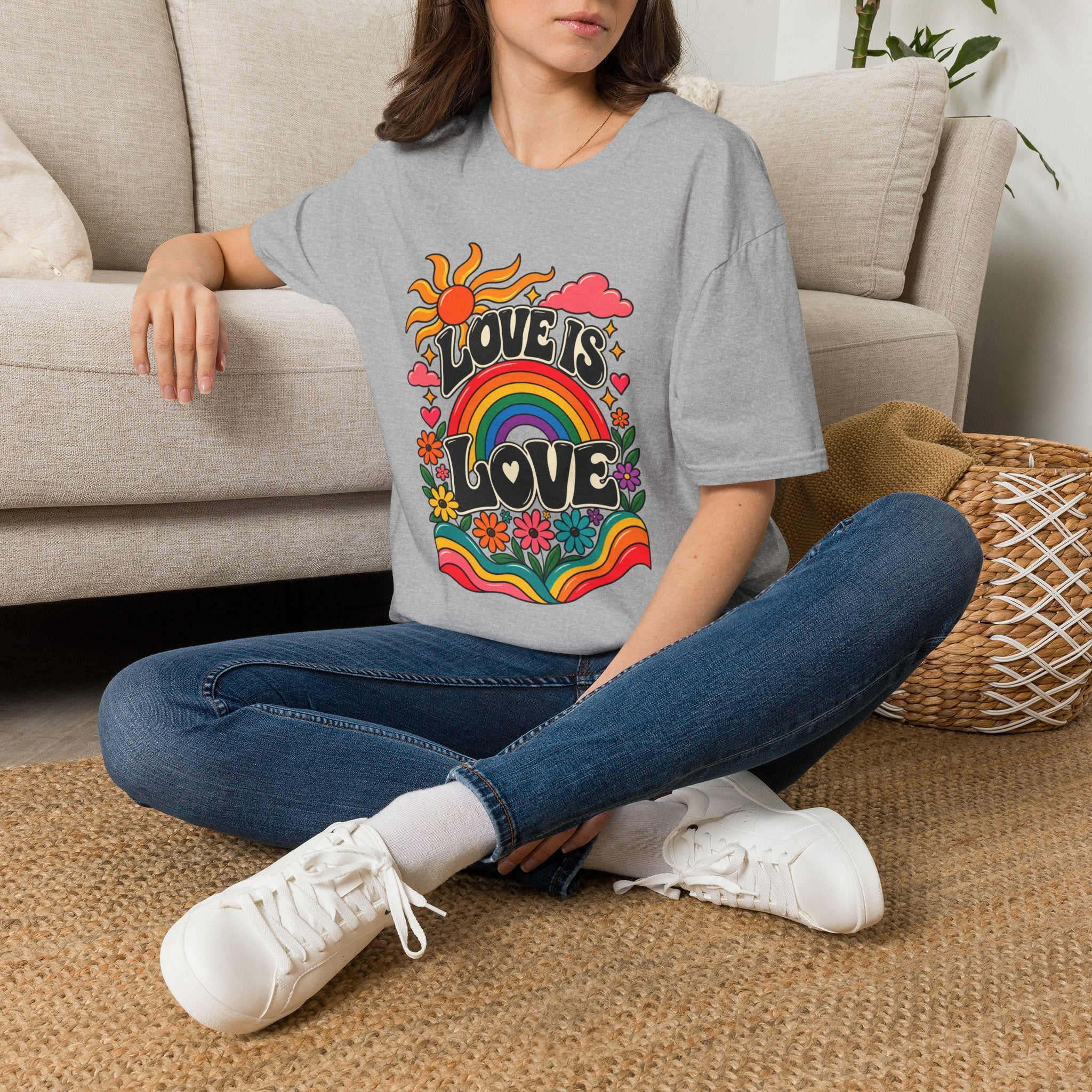 Love Is Love rainbow retro print T-Shirt | Pride, 70s sun design