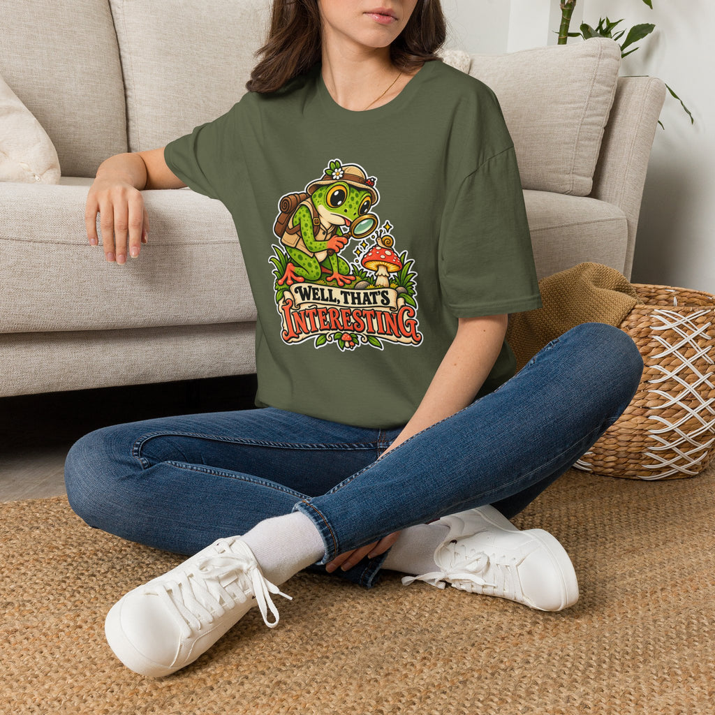 Curious Frog Explorer Magnifying Glass T-Shirt | Mushroom Nature Illustration