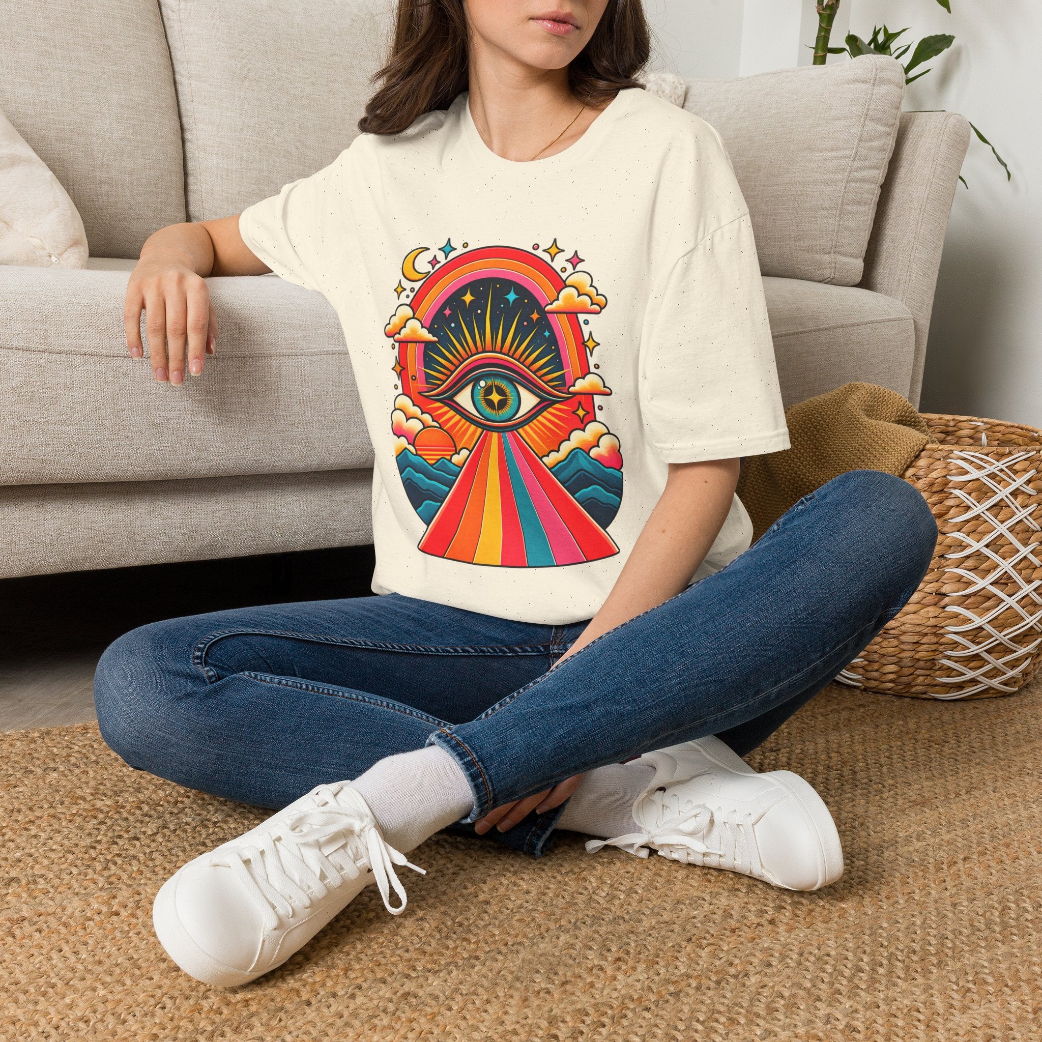 Psychedelic All-Seeing Eye T-Shirt | Rainbow Retro Sunburst