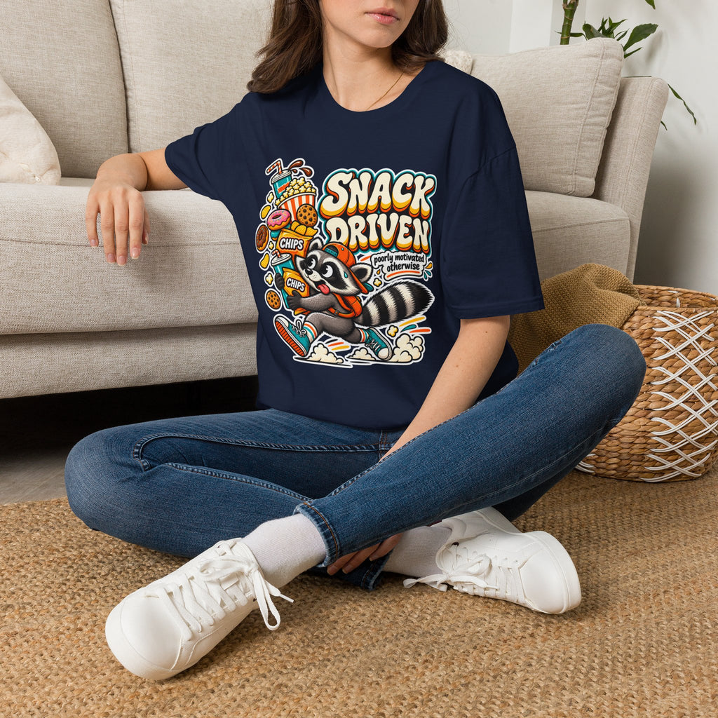 Snack Driven Raccoon Graphic T-Shirt | Snack Lover Cartoon Design