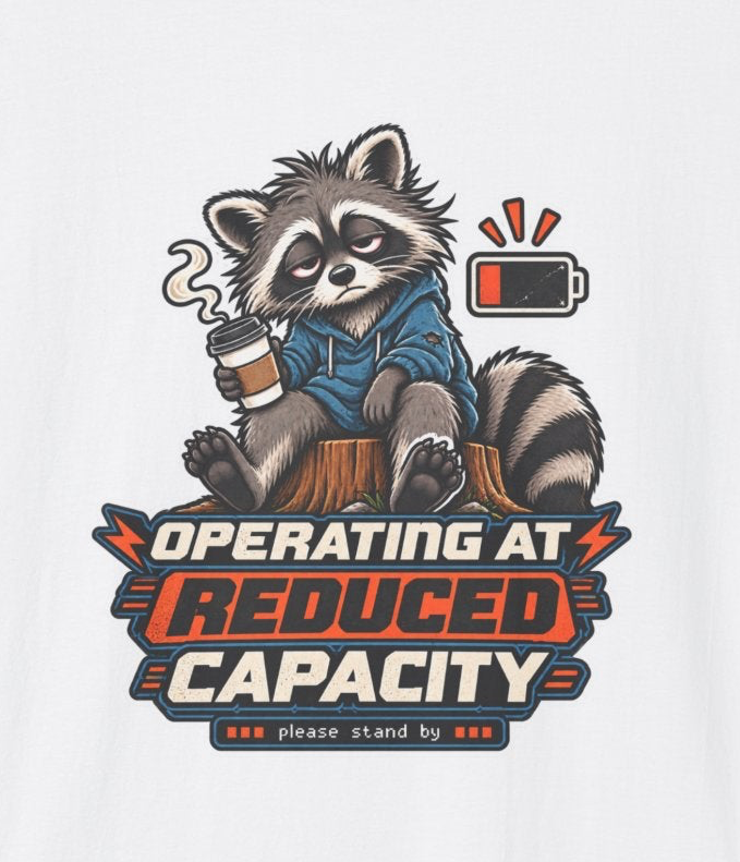 Funny Raccoon T-Shirt| Operating at Reduced Capacity| Low Battery Coffee Shirt