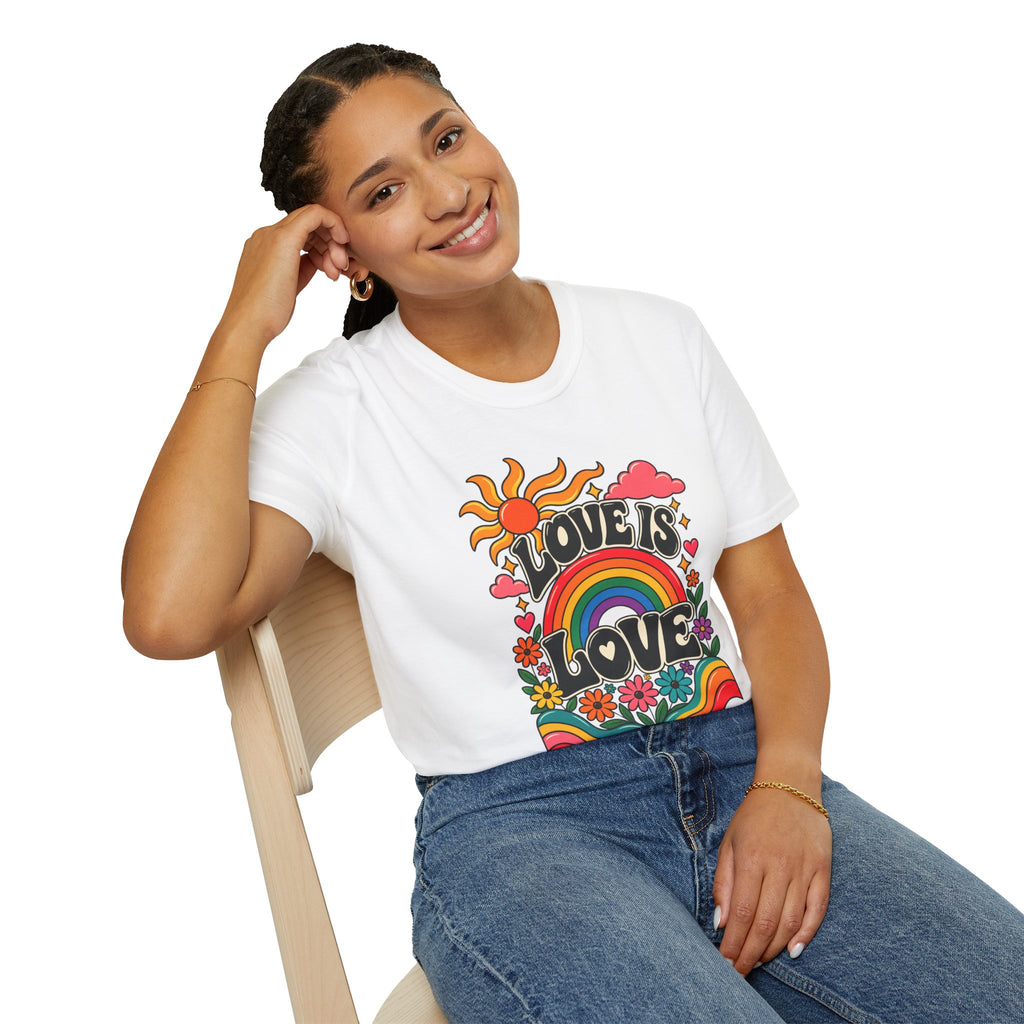 Love Is Love rainbow retro print T-Shirt | Pride, 70s sun design