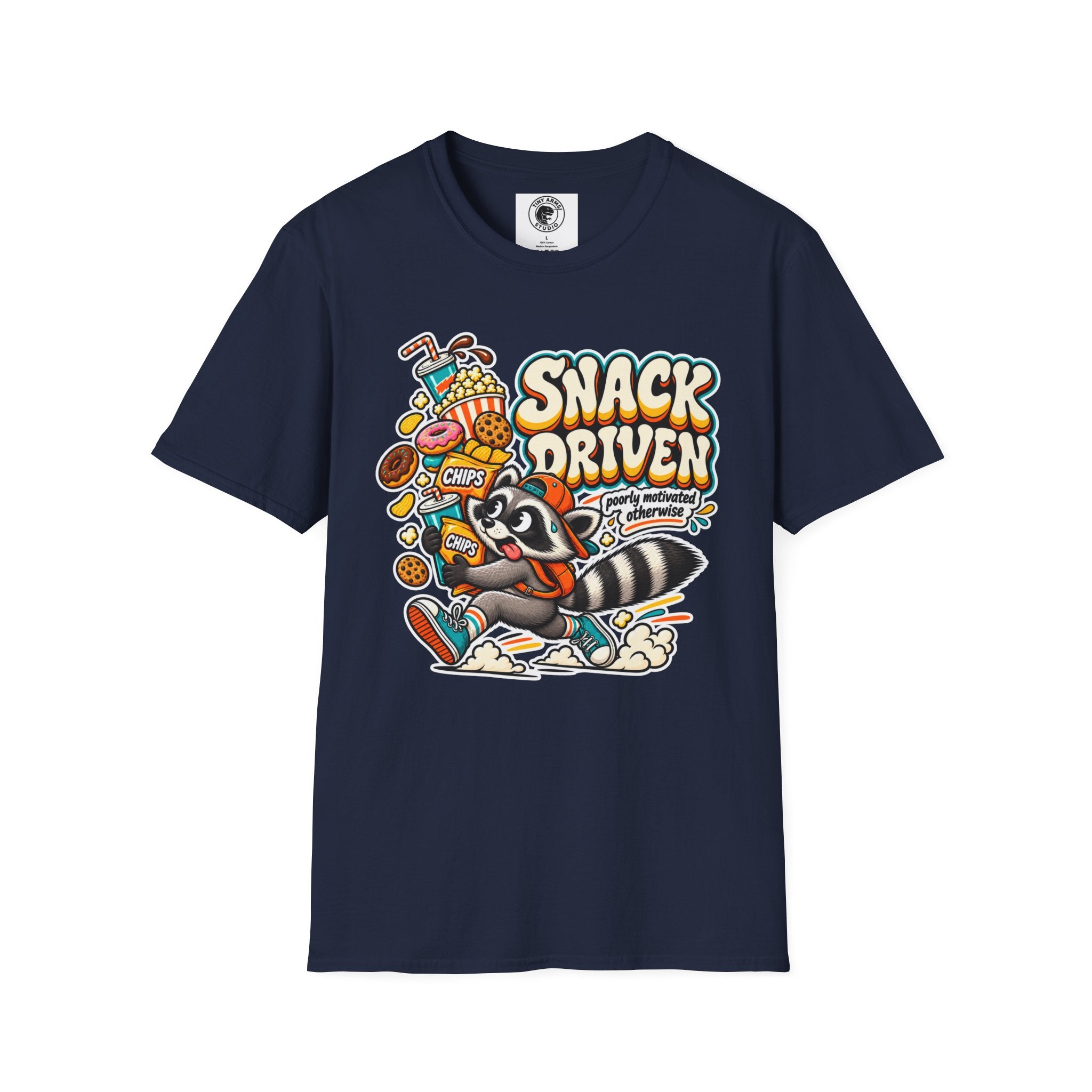 Snack Driven Raccoon Graphic T-Shirt | Snack Lover Cartoon Design