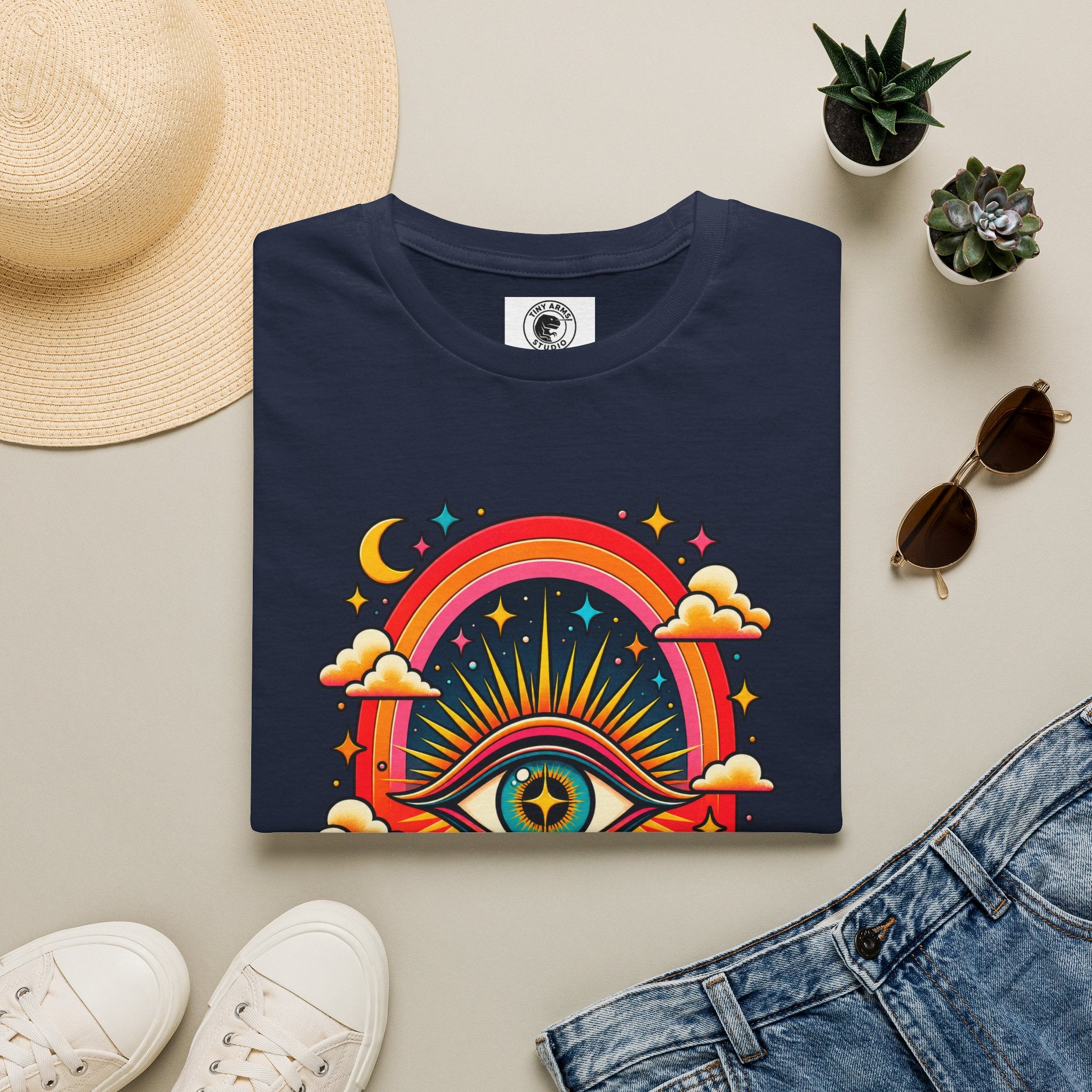 Psychedelic All-Seeing Eye T-Shirt | Rainbow Retro Sunburst