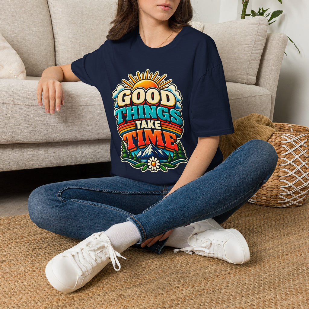 Good Things Take Time T-Shirt | Retro Sunrise Typography