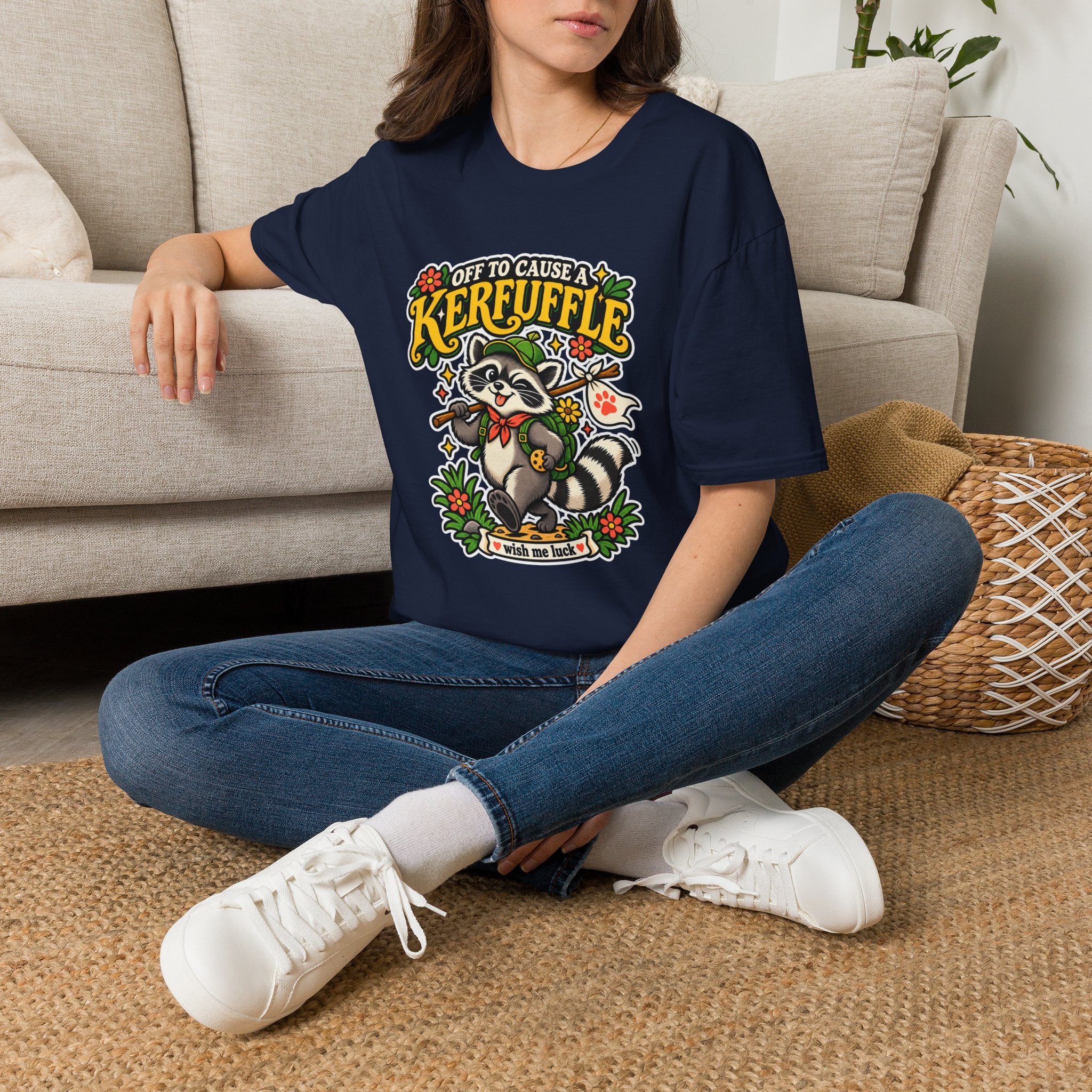 Off To Cause A Kerfuffle Raccoon T-Shirt | Cute Mischief Woodland Design