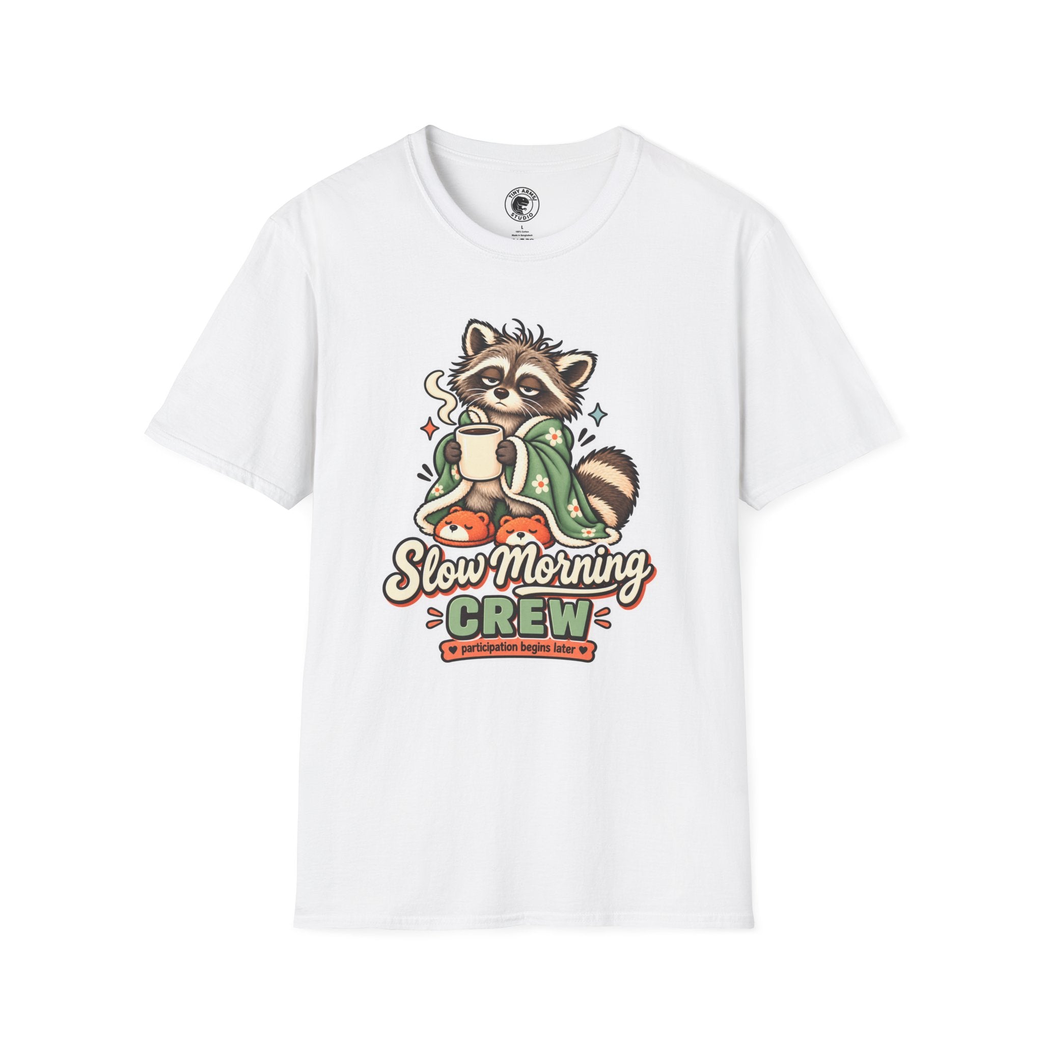 Cozy Raccoon with Coffee T-Shirt | Slow Morning Crew Design