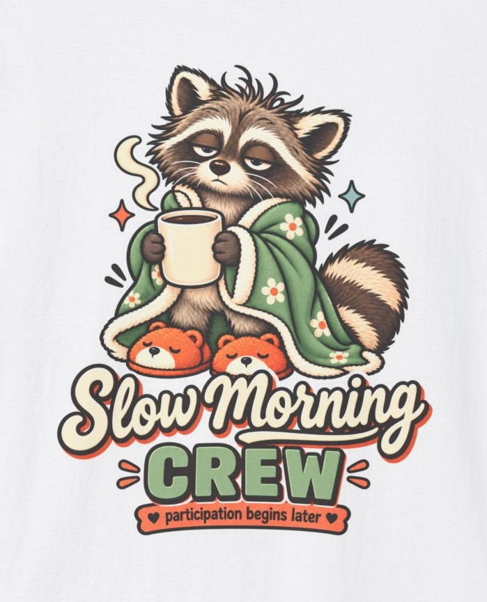 Cozy Raccoon with Coffee T-Shirt | Slow Morning Crew Design