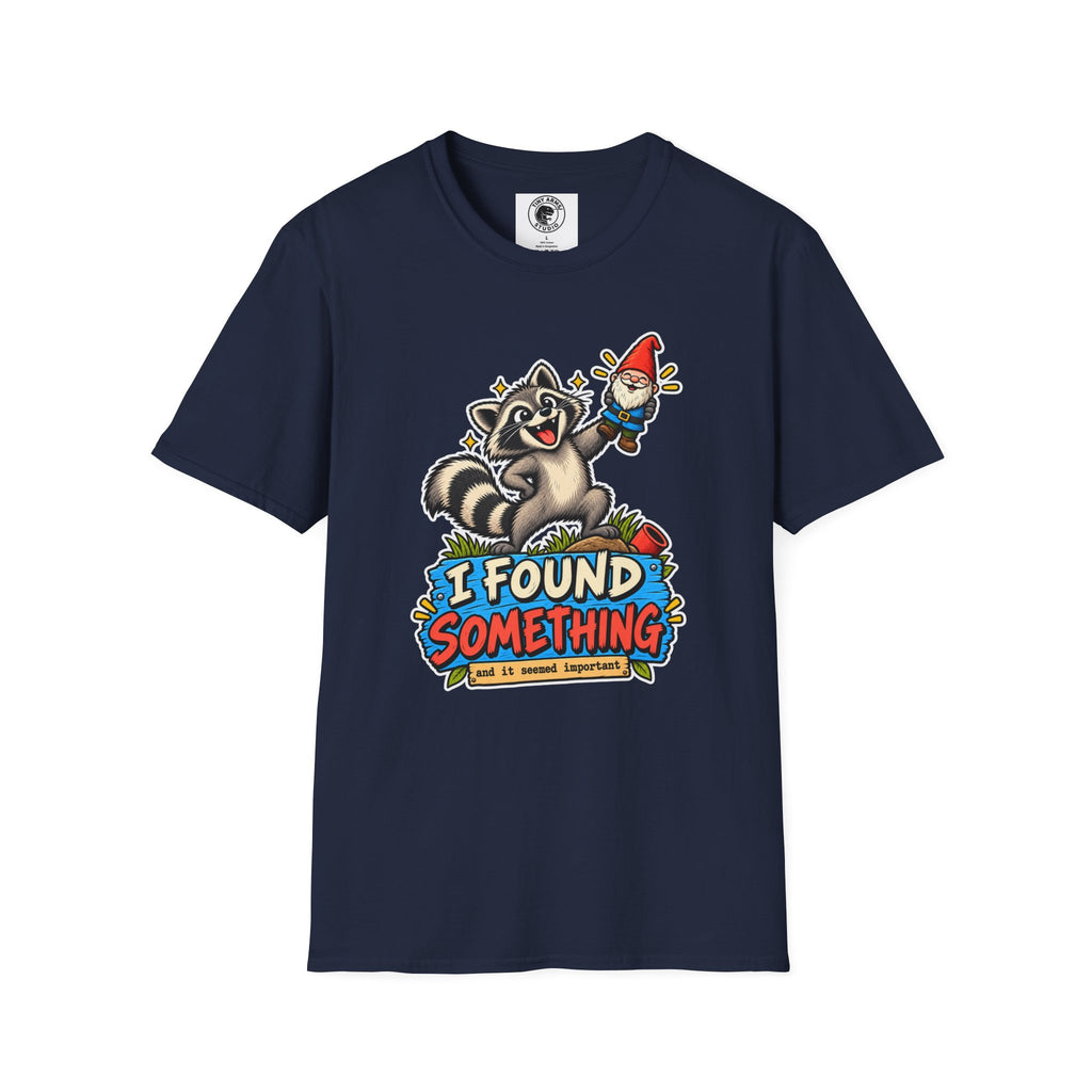 Playful Raccoon Holding Garden Gnome T-Shirt | I Found Something Graphic Tee