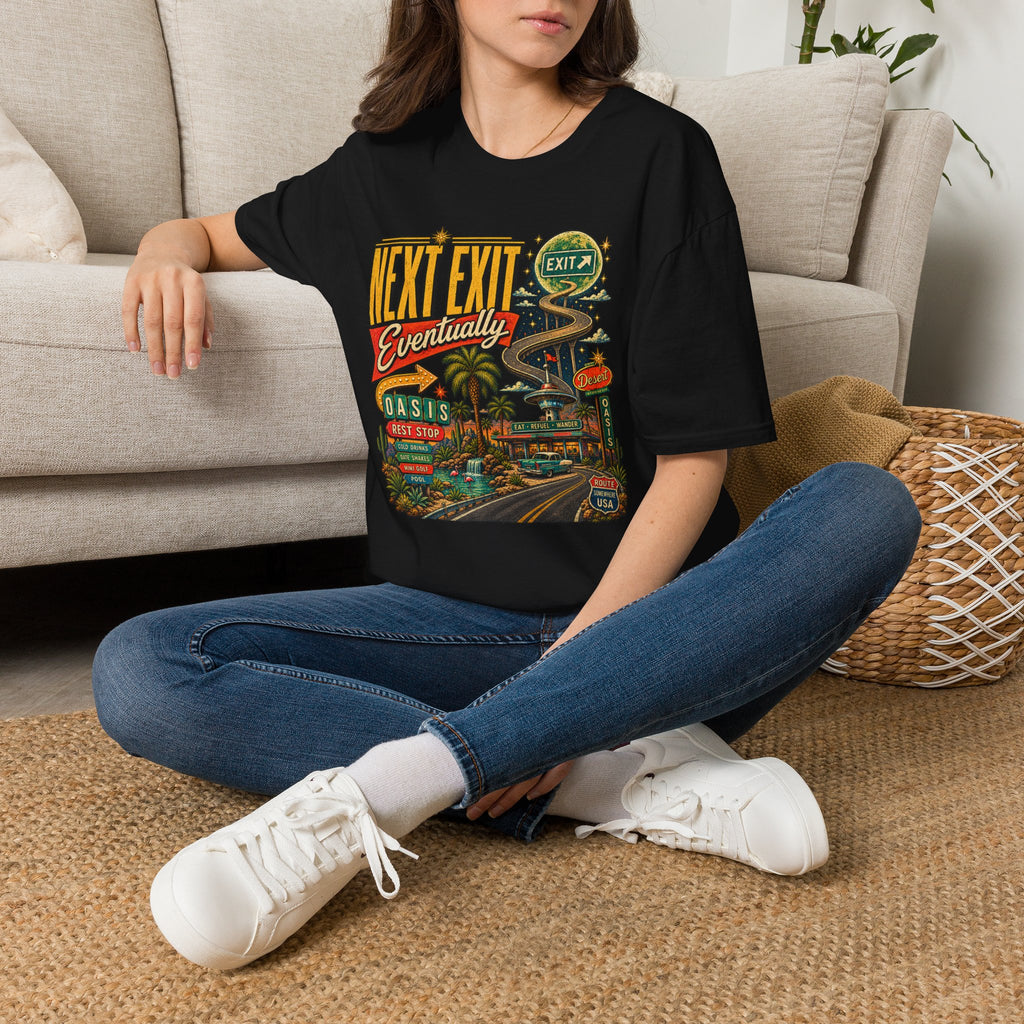 Next Exit Eventually Roadtrip Graphic T-Shirt | Retro Highway Illustration