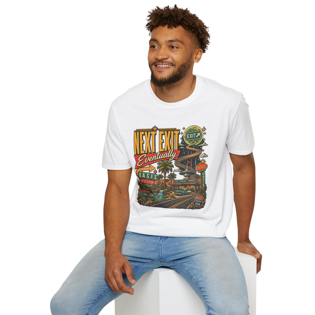 Next Exit Eventually Roadtrip Graphic T-Shirt | Retro Highway Illustration