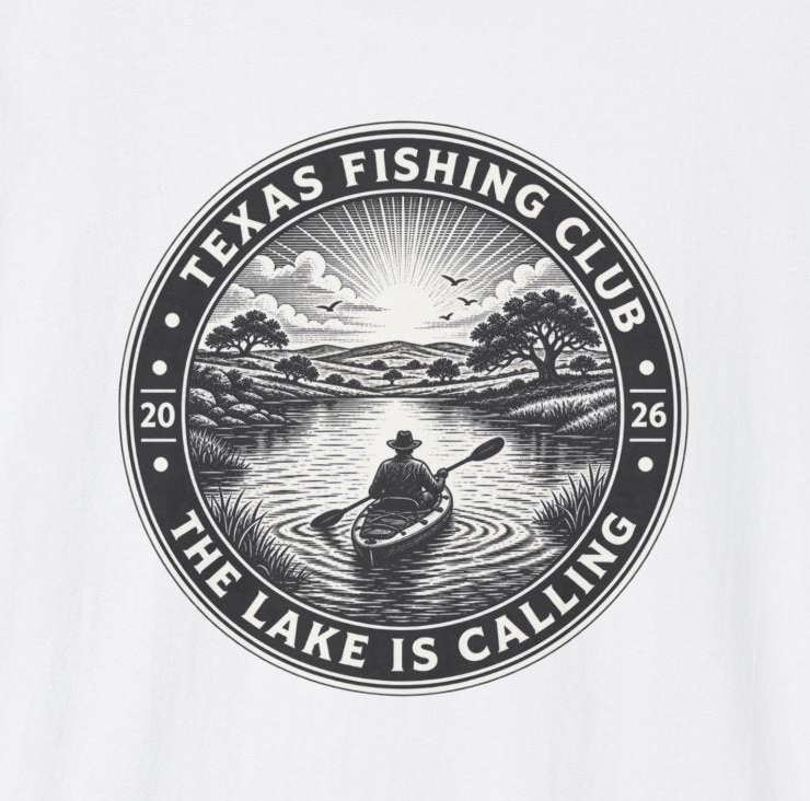 Texas Fishing Club lake scene T-Shirt | angler badge design