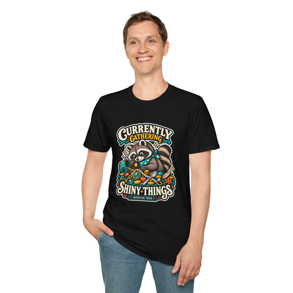 Currently Gathering Shiny Things Raccoon T-Shirt | Cute Forest Animal Tee