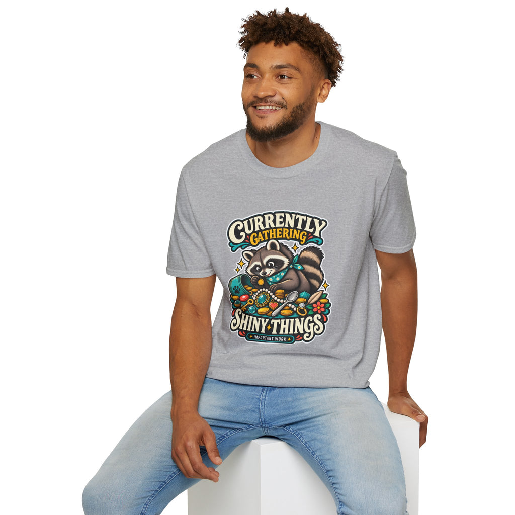 Currently Gathering Shiny Things Raccoon T-Shirt | Cute Forest Animal Tee