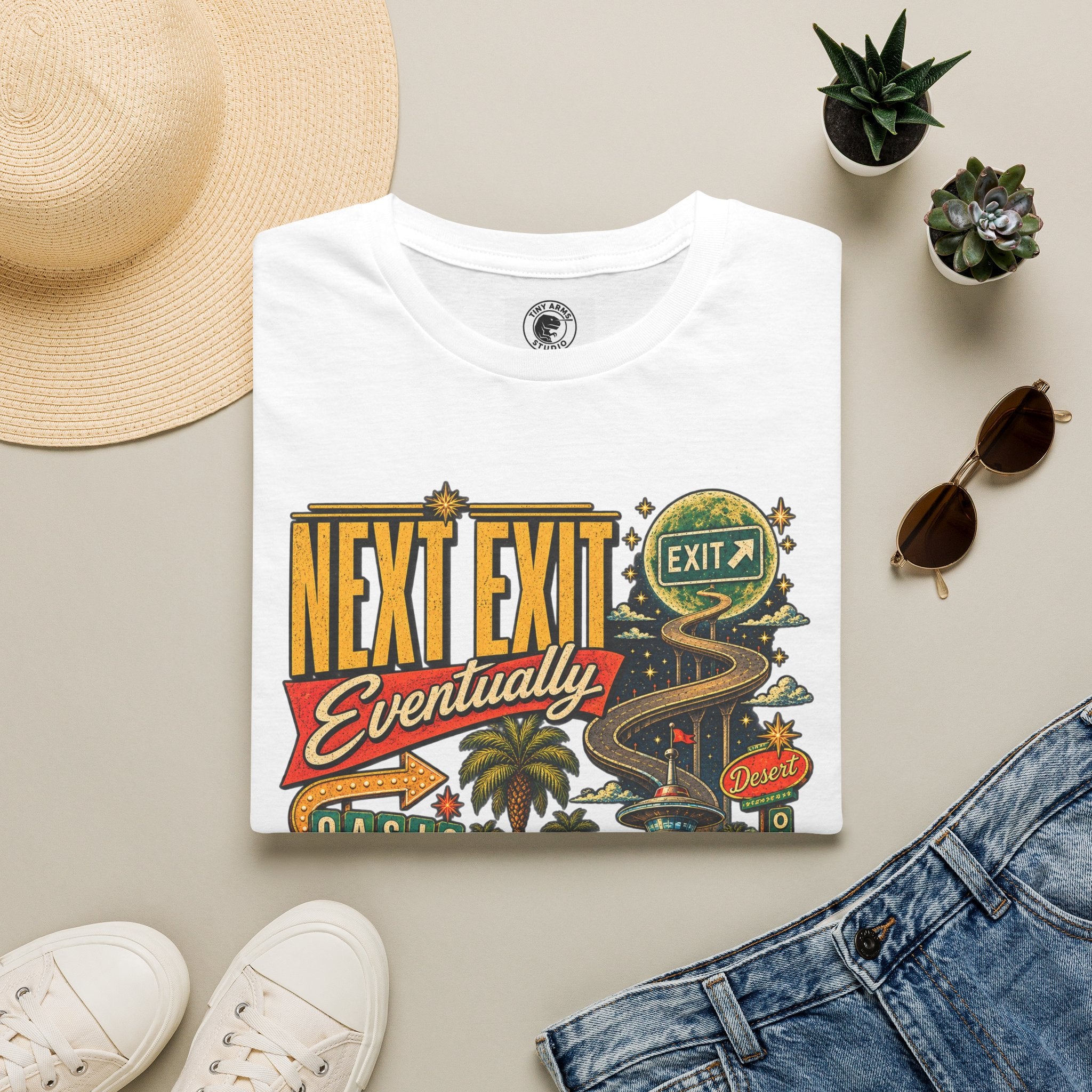Next Exit Eventually Roadtrip Graphic T-Shirt | Retro Highway Illustration