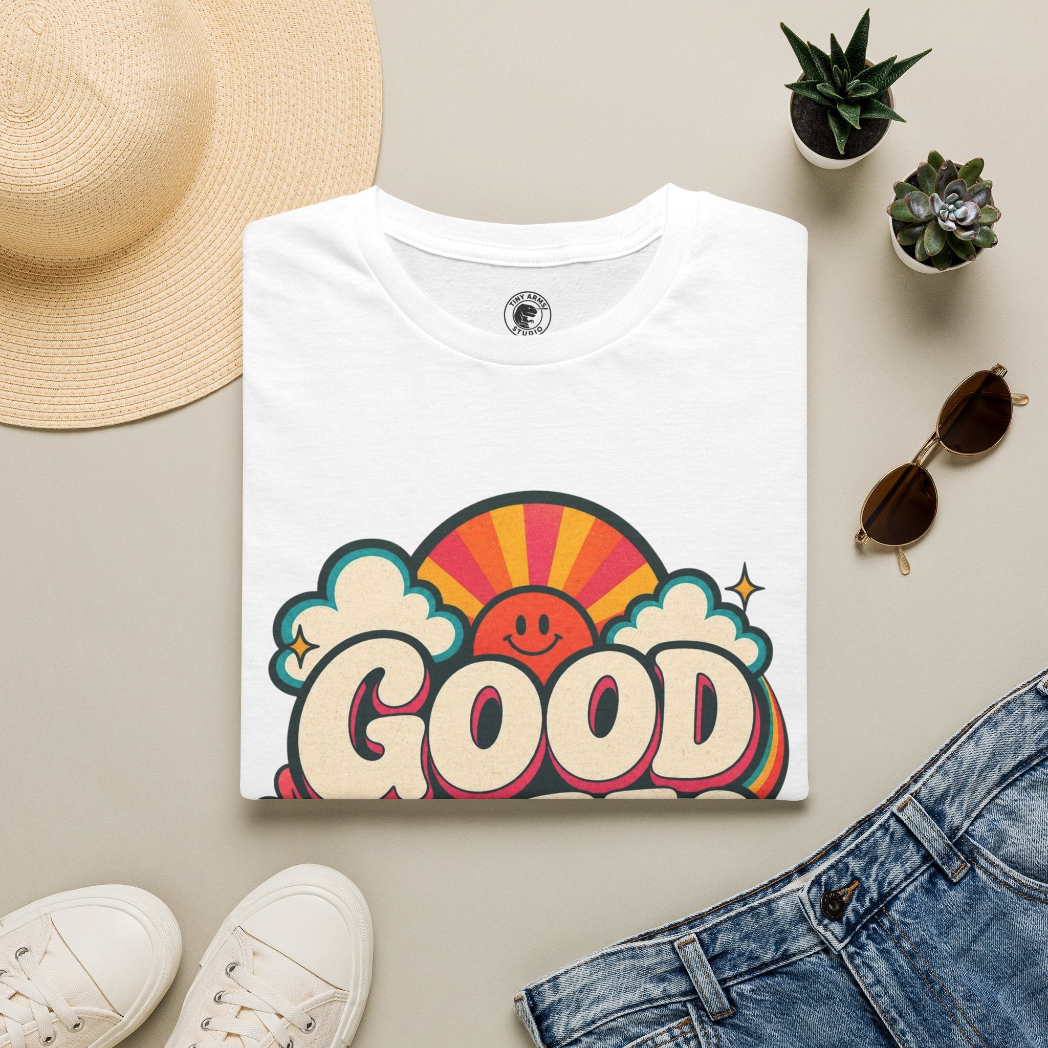 Good Vibes T-Shirt | Retro Rainbow Smiley Tee