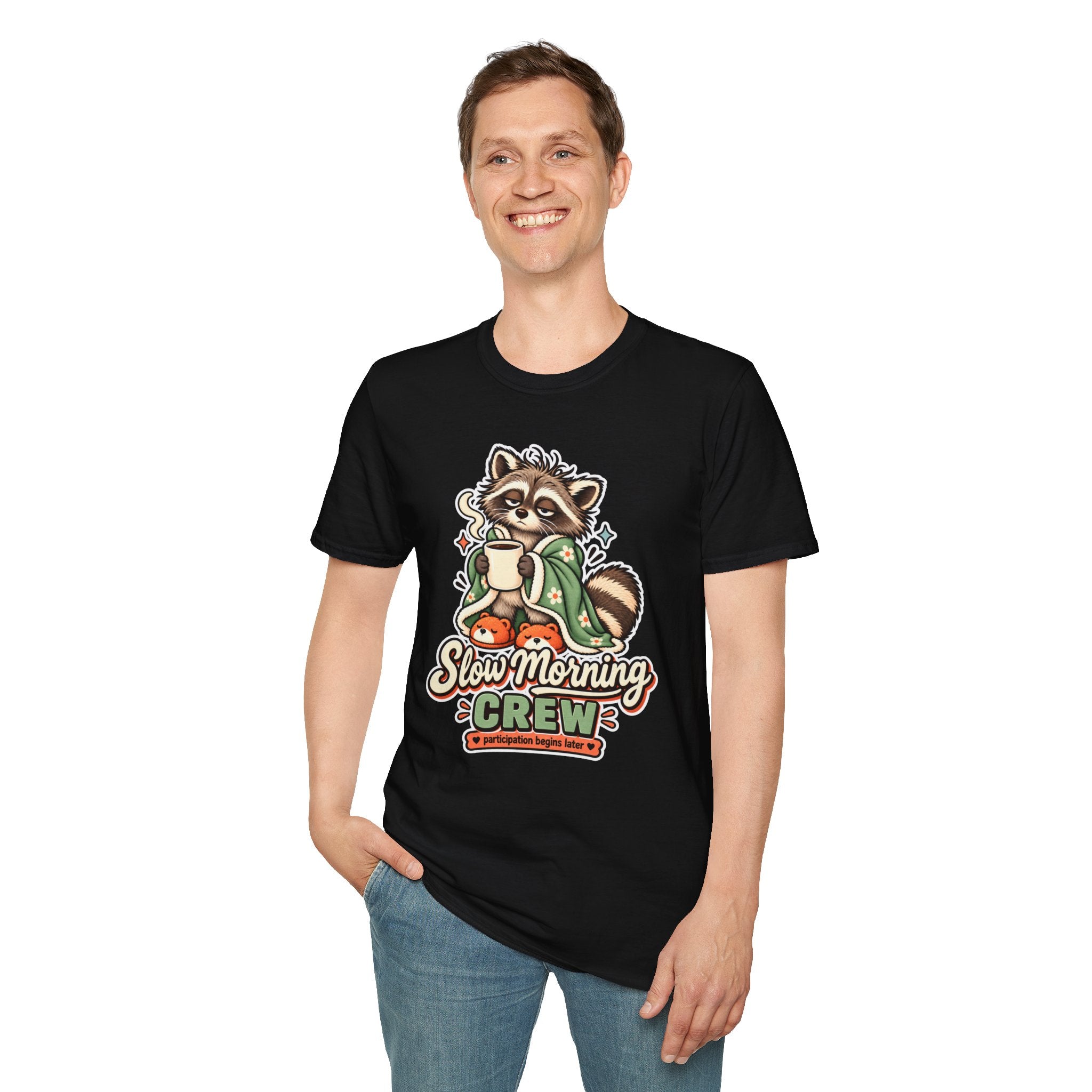 Cozy Raccoon with Coffee T-Shirt | Slow Morning Crew Design