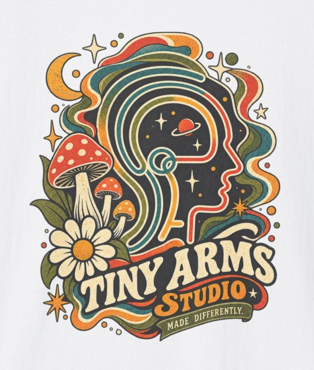 Tiny Arms Studio Made Differently Retro Graphic Tee | Vintage Cosmic Mushroom Shirt