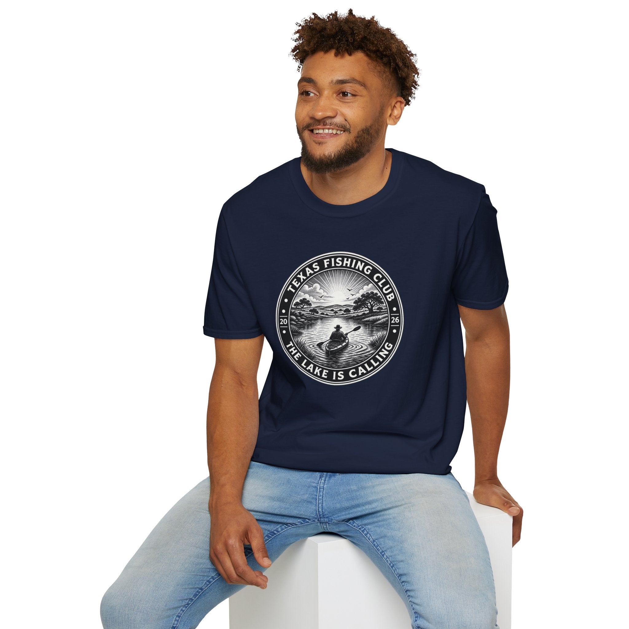 Texas Fishing Club lake scene T-Shirt | angler badge design