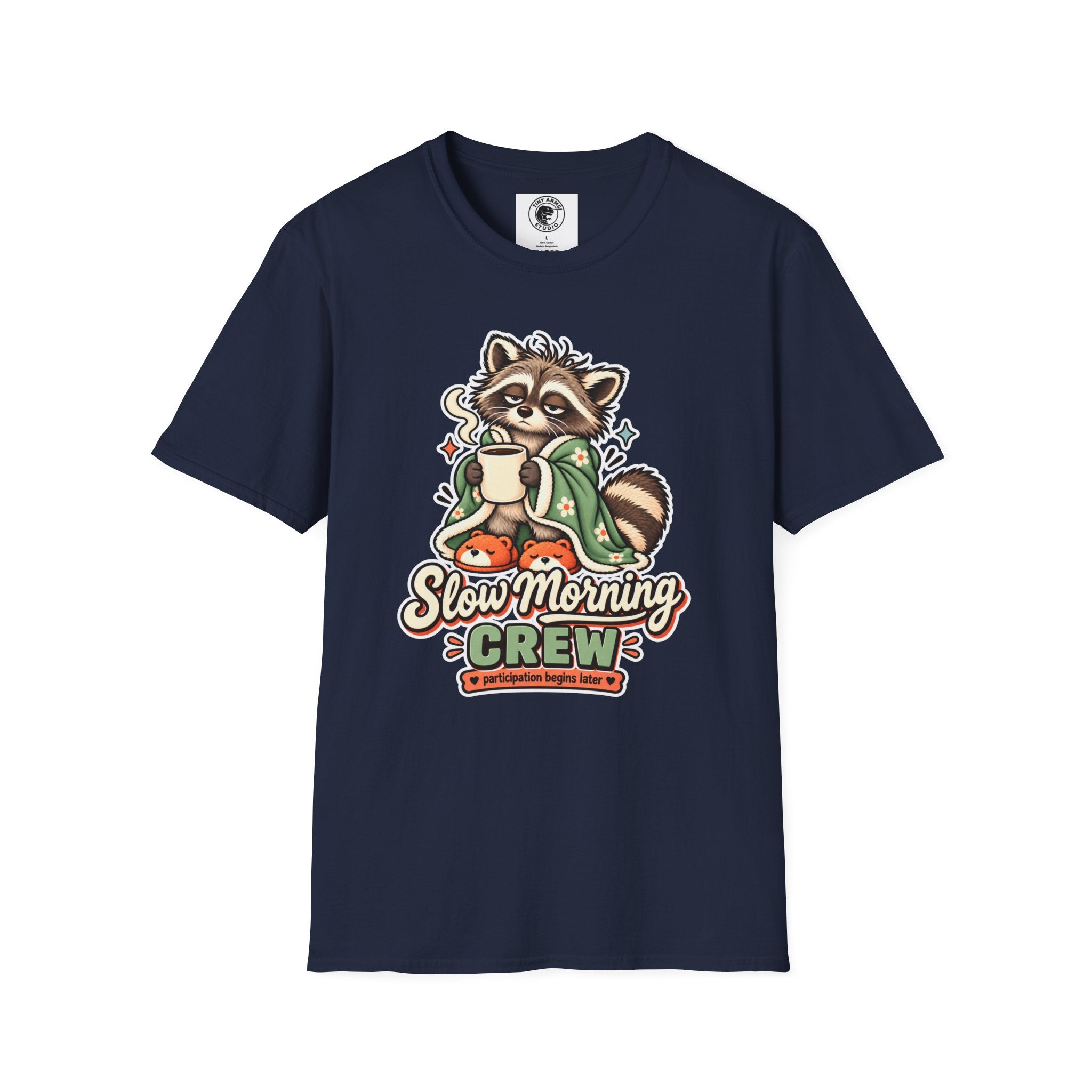 Cozy Raccoon with Coffee T-Shirt | Slow Morning Crew Design