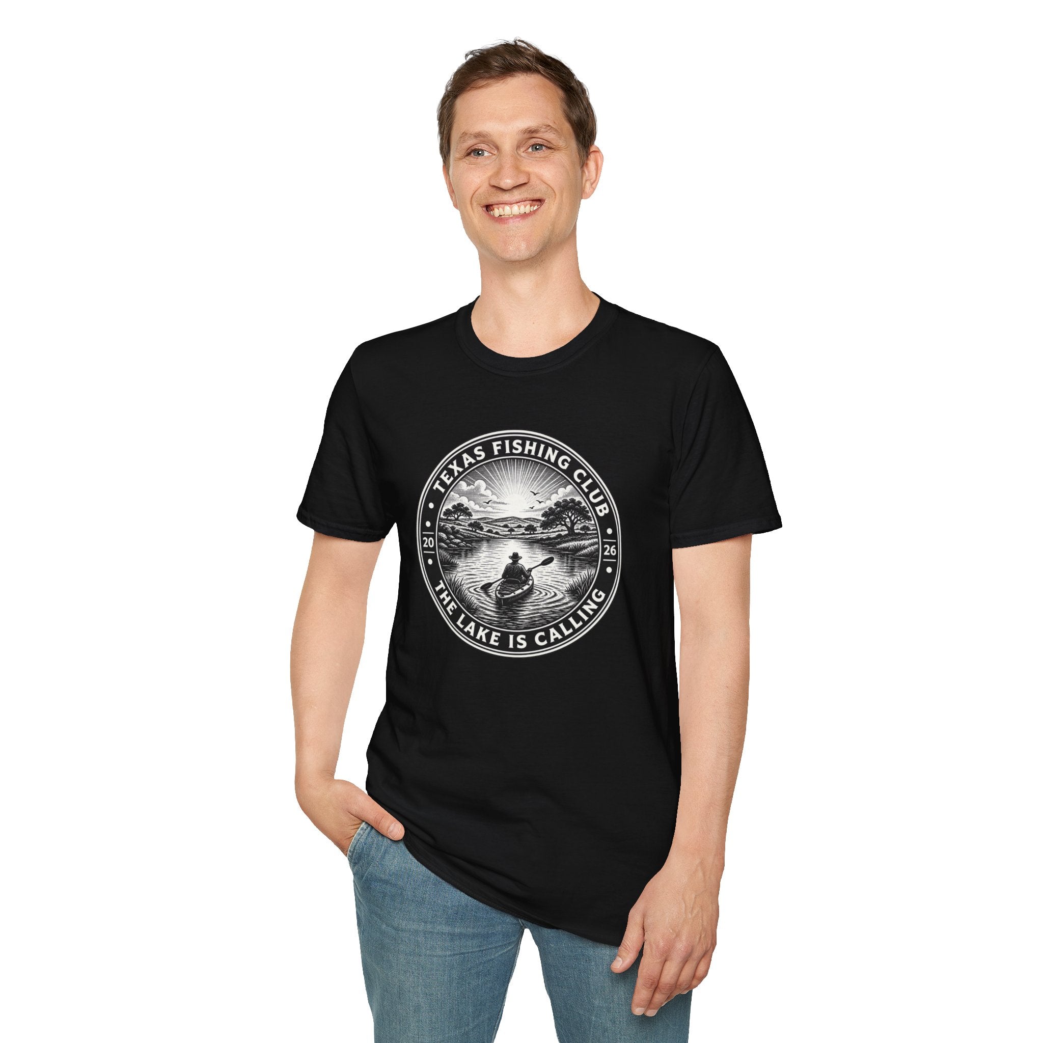 Texas Fishing Club lake scene T-Shirt | angler badge design