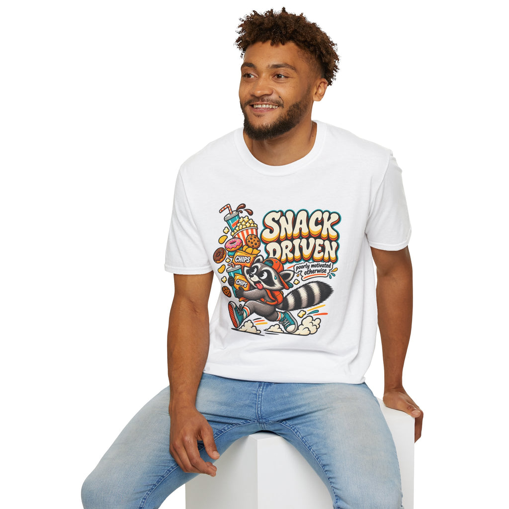 Snack Driven Raccoon Graphic T-Shirt | Snack Lover Cartoon Design