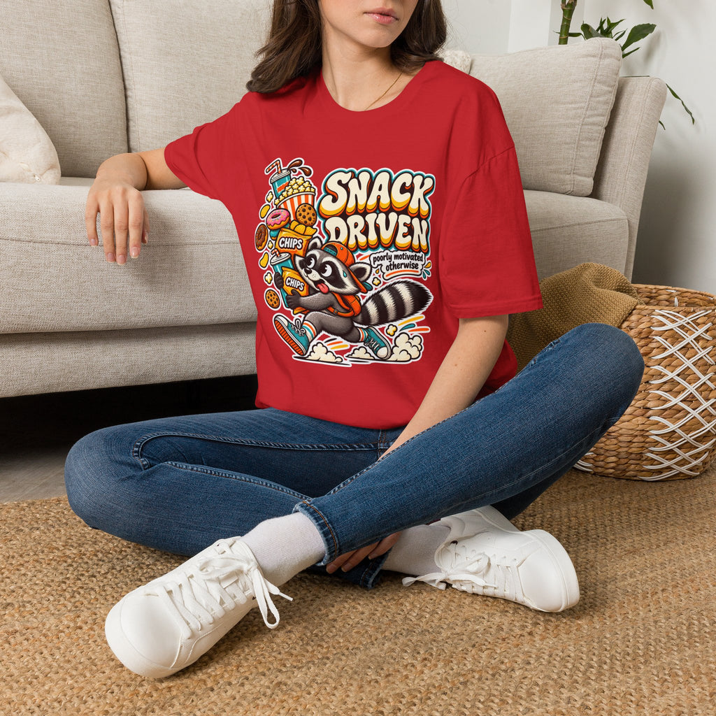 Snack Driven Raccoon Graphic T-Shirt | Snack Lover Cartoon Design