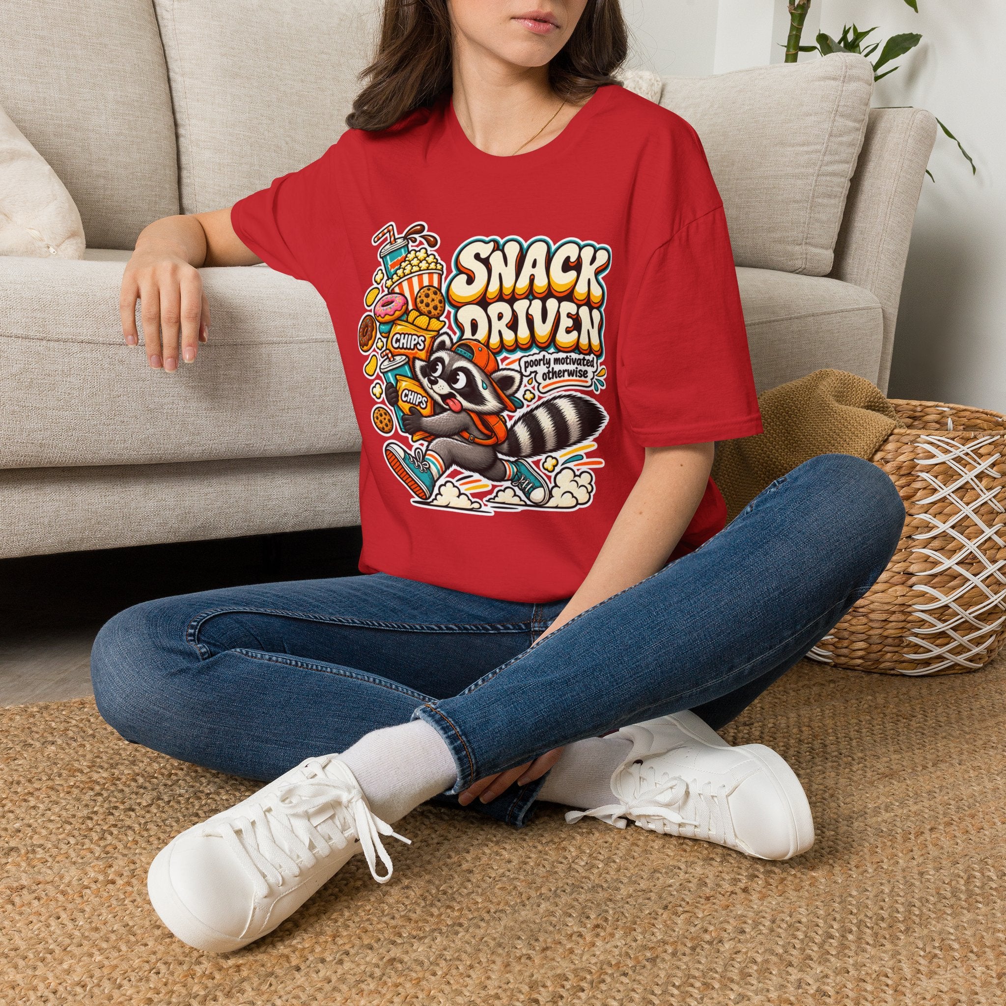 Snack Driven Raccoon Graphic T-Shirt | Snack Lover Cartoon Design
