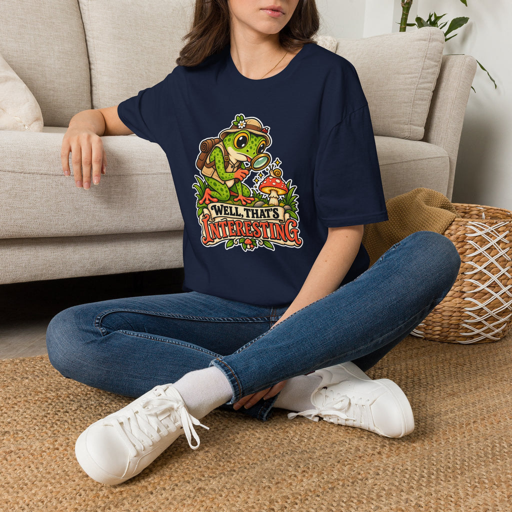 Curious Frog Explorer Magnifying Glass T-Shirt | Mushroom Nature Illustration