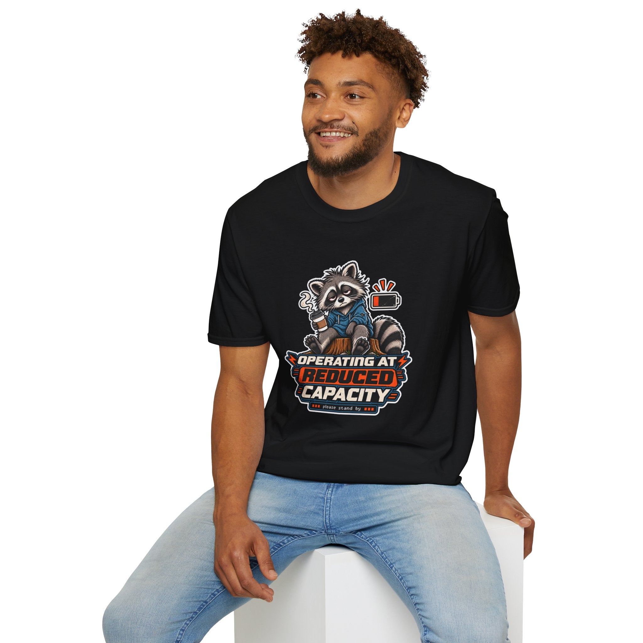 Funny Raccoon T-Shirt| Operating at Reduced Capacity| Low Battery Coffee Shirt